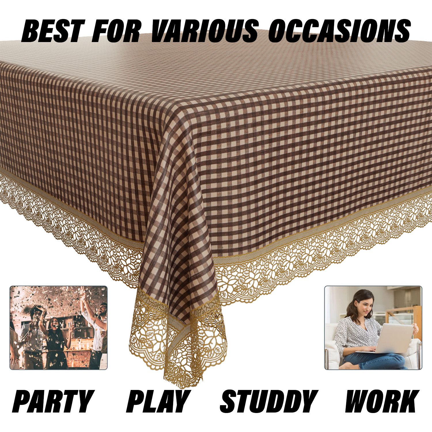 Kuber Industries Dining Table Cover | Kitchen Dining Tablecloth | 4 Seater Center Table Cover | Dining Table Cover for Hall Décor | Barik Check Kitchen Tablecloth | 45x70 | Brown