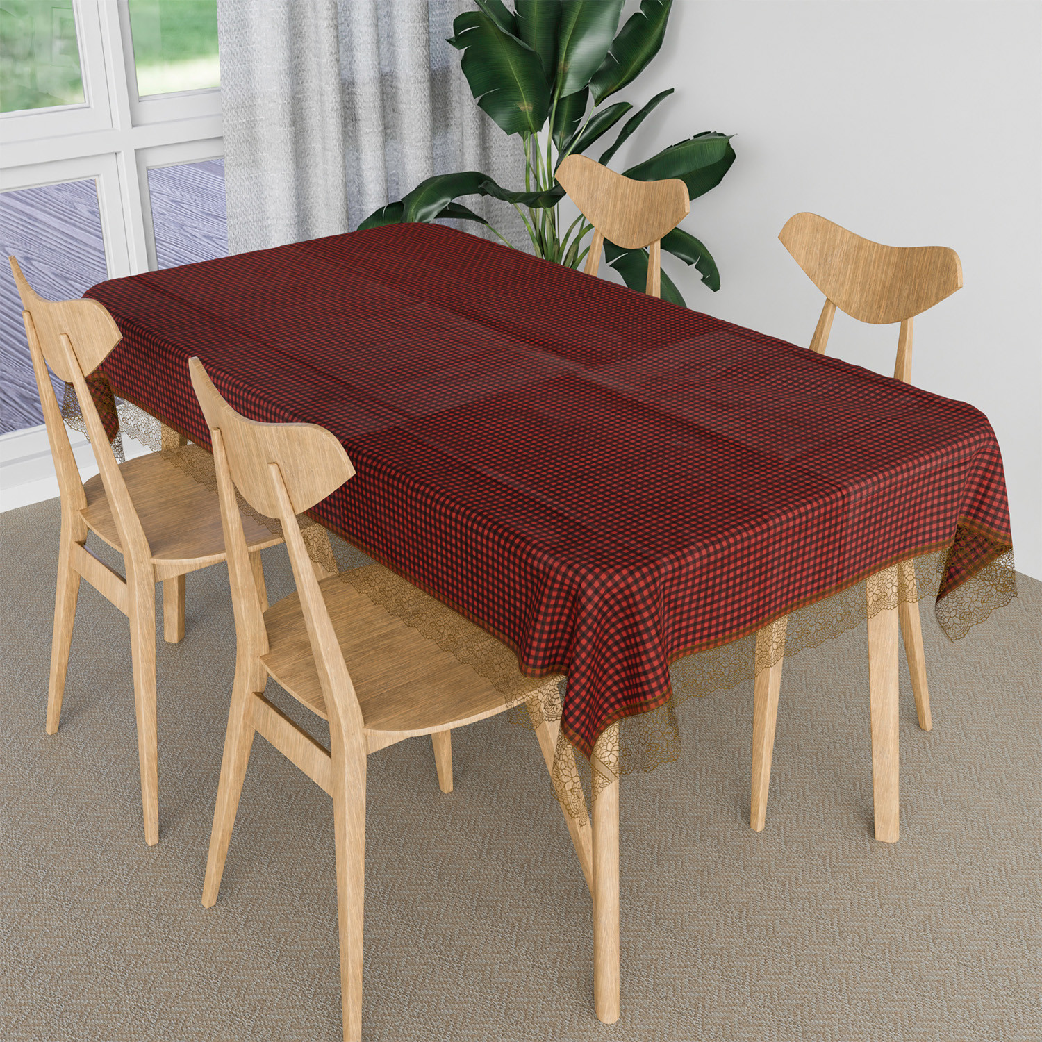 Kuber Industries Dining Table Cover | Kitchen Dining Tablecloth | 4 Seater Center Table Cover | Dining Table Cover for Hall Décor | Barik Check Kitchen Tablecloth | 45x70 | Maroon