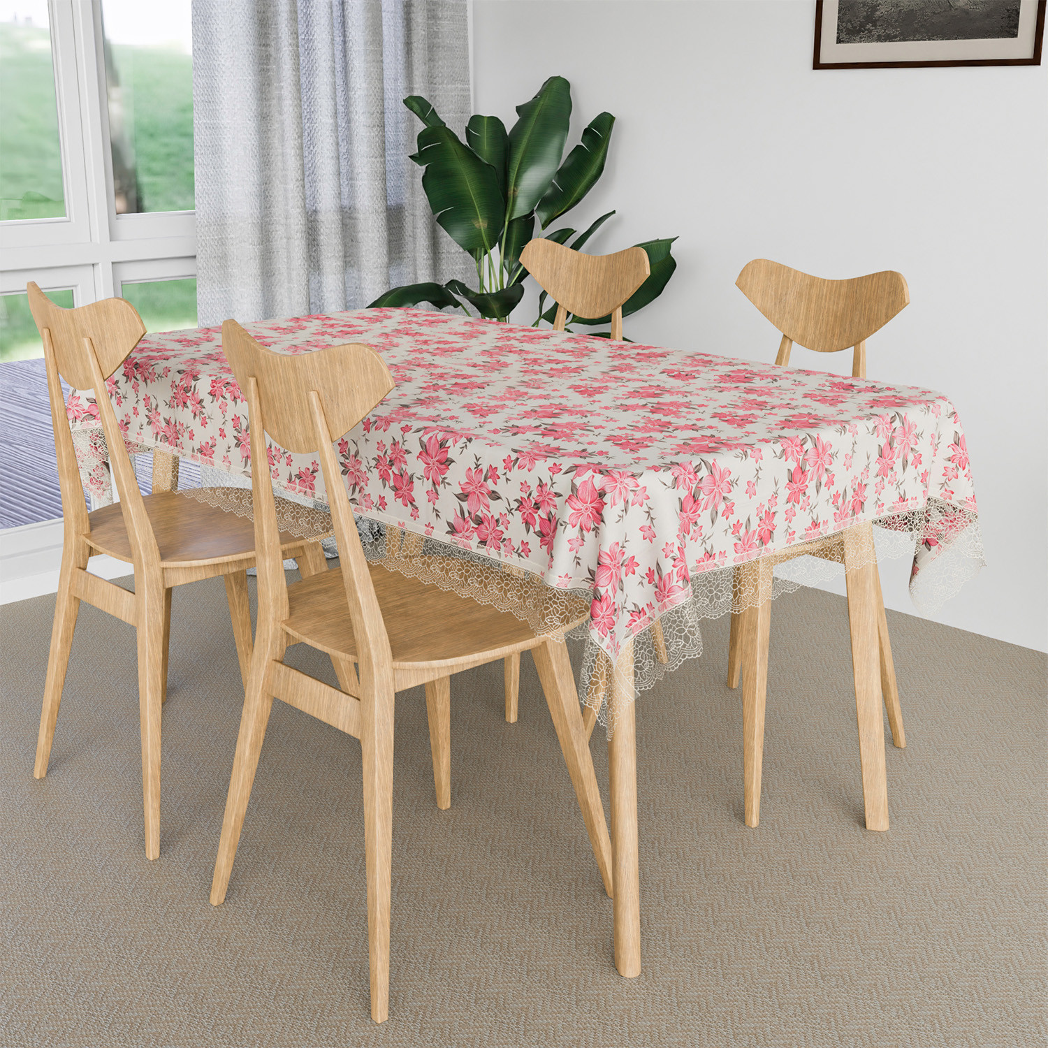 Kuber Industries Dining Table Cover | Kitchen Dining Tablecloth | 4 Seater Center Table Cover | Dining Table Cover for Hall Décor | Barik Flower Kitchen Tablecloth | 45x70 | Pink
