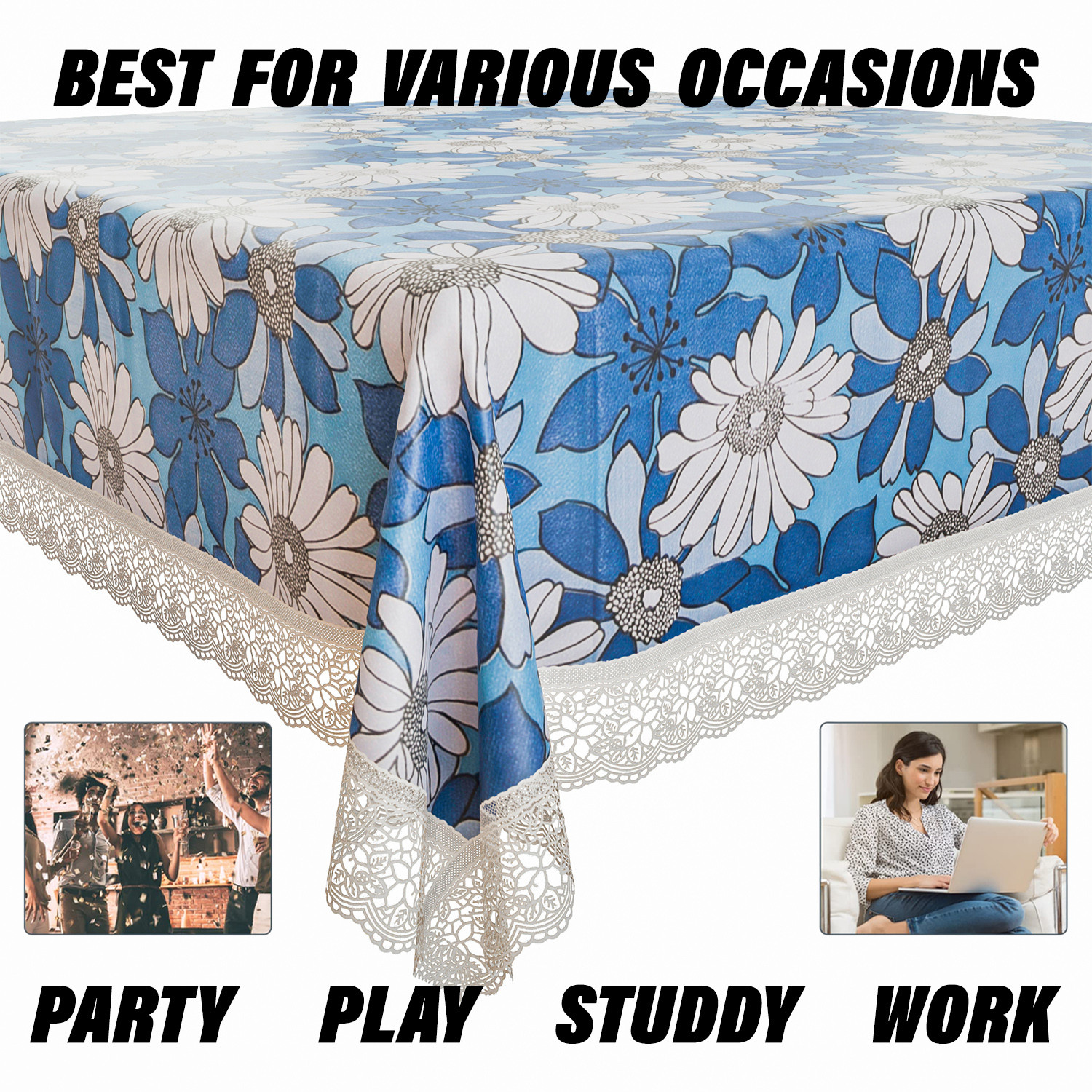 Kuber Industries Dining Table Cover | Kitchen Dining Tablecloth | 4 Seater Center Table Cover | Dining Table Cover for Hall Décor | Sunflower Kitchen Tablecloth | 45x70 | Blue