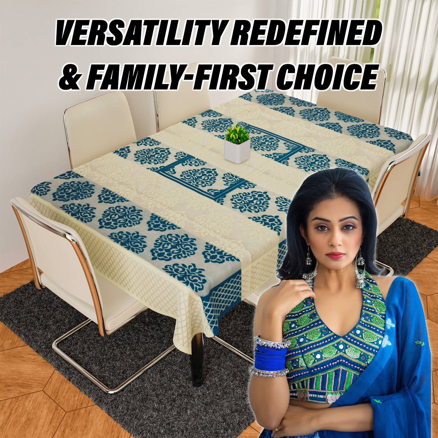 Kuber Industries Dining Table Cover  Kitchen Dining Tablecloth  6 Seater Dining Table Cover  Dining Table Cover for Hall Dcor  Blue Star Patta Net Tablecloth  DTC  60x90  Cream