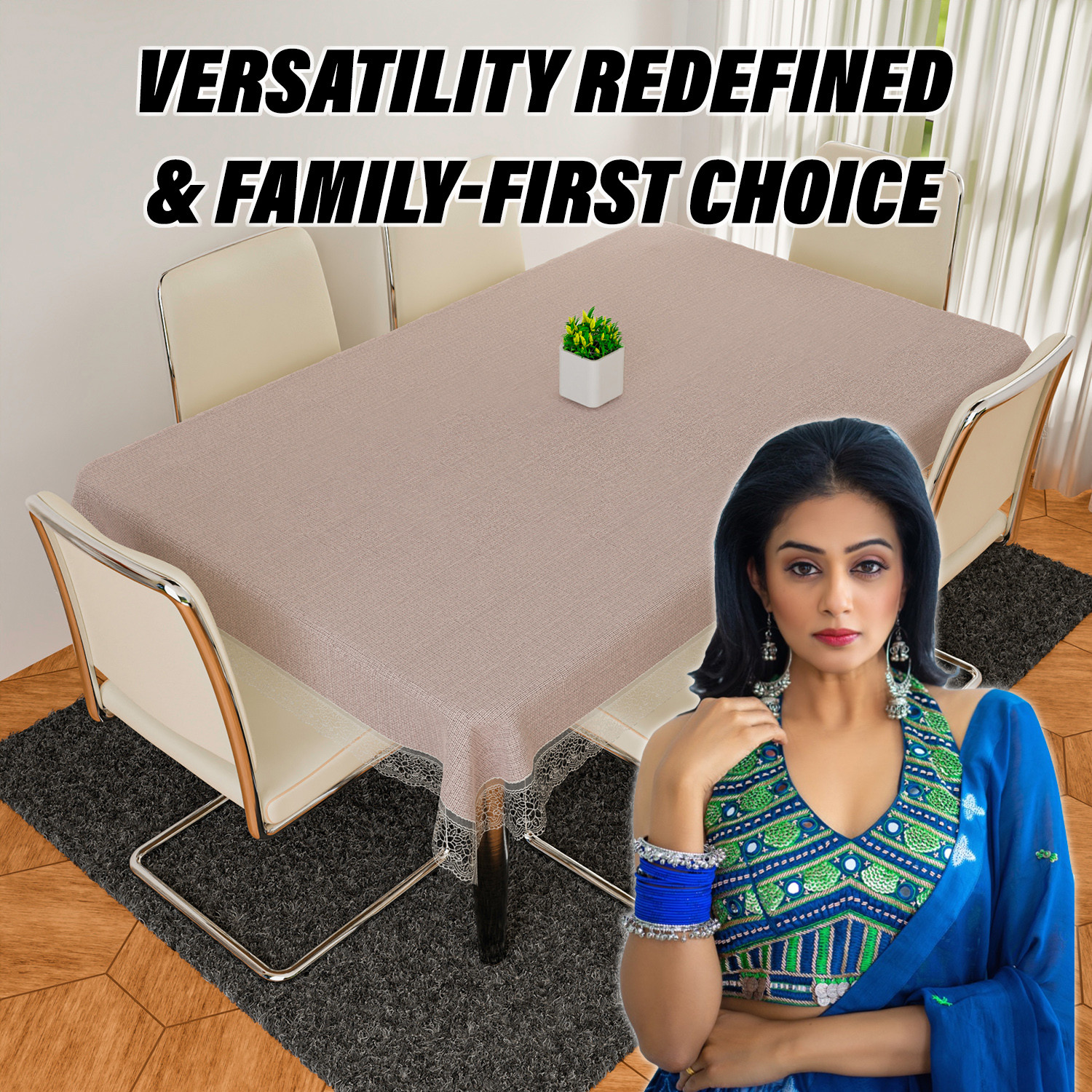 Kuber Industries Dining Table Cover | Kitchen Dining Tablecloth | 6 Seater Dining Table Cover | Dining Table Cover for Hall Décor | Plain Texture Tablecloth | DTC | 60x90 | Beige
