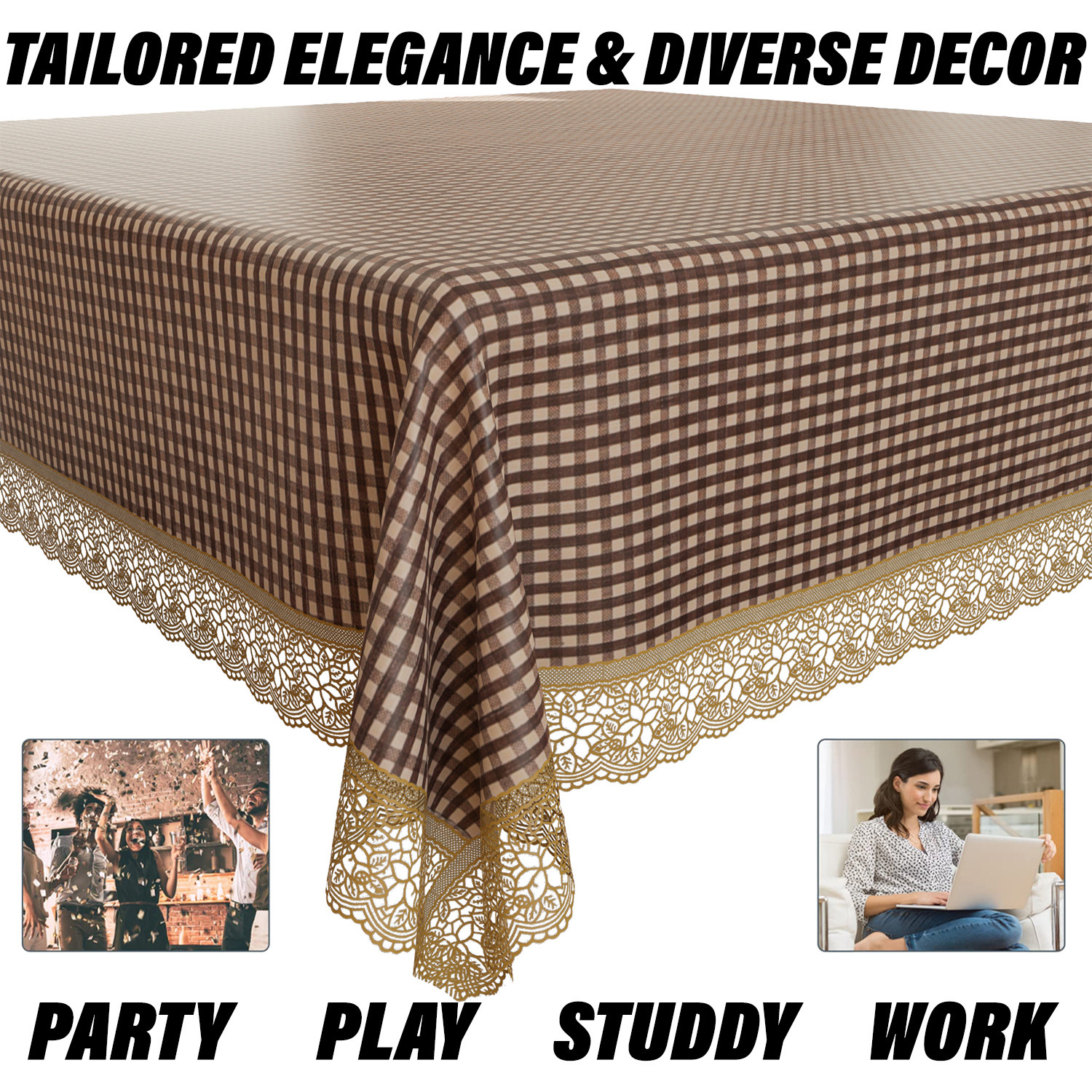 Kuber Industries Dining Table Cover | Kitchen Dining Tablecloth | 8 Seater Dining Table Cover | Dining Table Cover for Hall Décor | Barik Check Kitchen Tablecloth | 60x108 | Brown