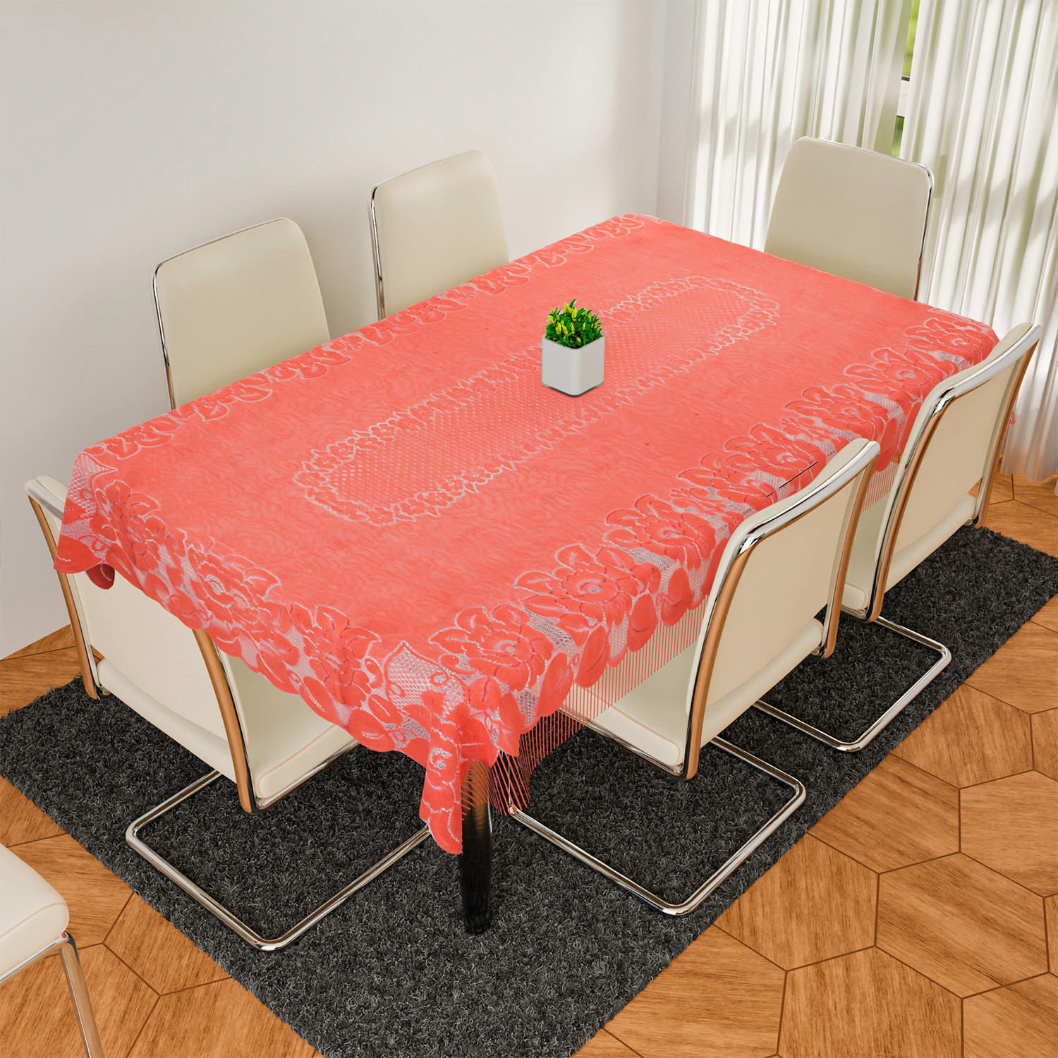 Kuber Industries Dining Table Cover | Net Table Cloth Cover | 6 Seater Table Cloth | Jhalar Table Cover | Table Protector | Table Cover for Dining Table | 60x90 Inch | DTC | Peach
