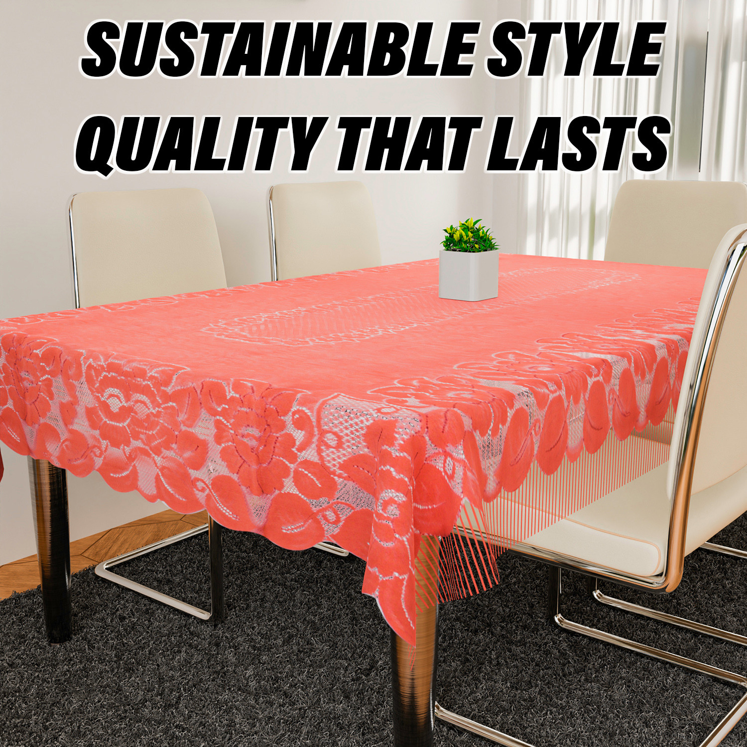 Kuber Industries Dining Table Cover | Net Table Cloth Cover | 6 Seater Table Cloth | Jhalar Table Cover | Table Protector | Table Cover for Dining Table | 60x90 Inch | DTC | Peach