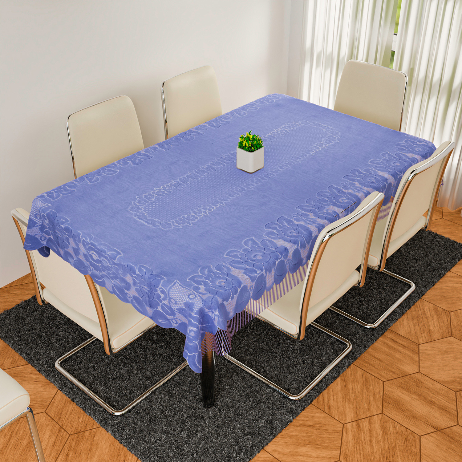 Kuber Industries Dining Table Cover | Net Table Cloth Cover | 6 Seater Table Cloth | Jhalar Table Cover | Table Protector | Table Cover for Dining Table | 60x90 Inch | DTC | Blue