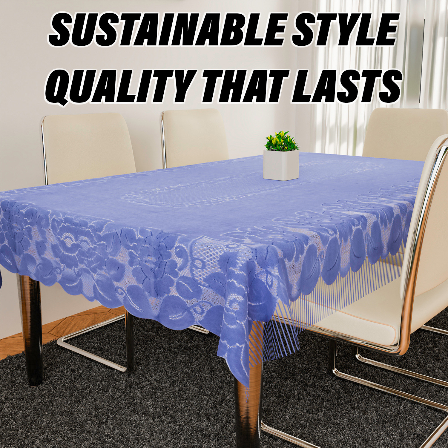 Kuber Industries Dining Table Cover | Net Table Cloth Cover | 6 Seater Table Cloth | Jhalar Table Cover | Table Protector | Table Cover for Dining Table | 60x90 Inch | DTC | Blue