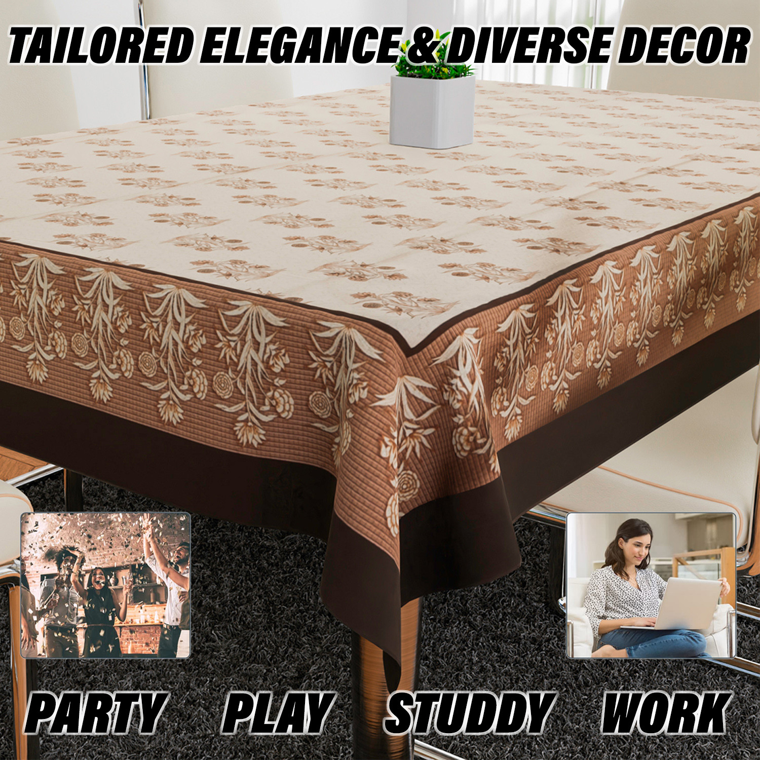 Kuber Industries Dining Table Cover  Polyester Table Cloth Cover  6-Seater Table Cloth  Harmony Table Cover  Table Protector  Table Cover for Dining Table  60x90 Inch  DTC  Cream  Brown