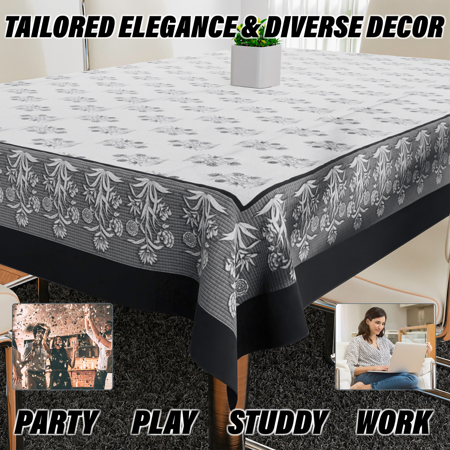 Kuber Industries Dining Table Cover | Polyester Table Cloth Cover | 6-Seater Table Cloth | Harmony Table Cover | Table Protector | Table Cover for Dining Table | 60x90 Inch | DTC | White & Black