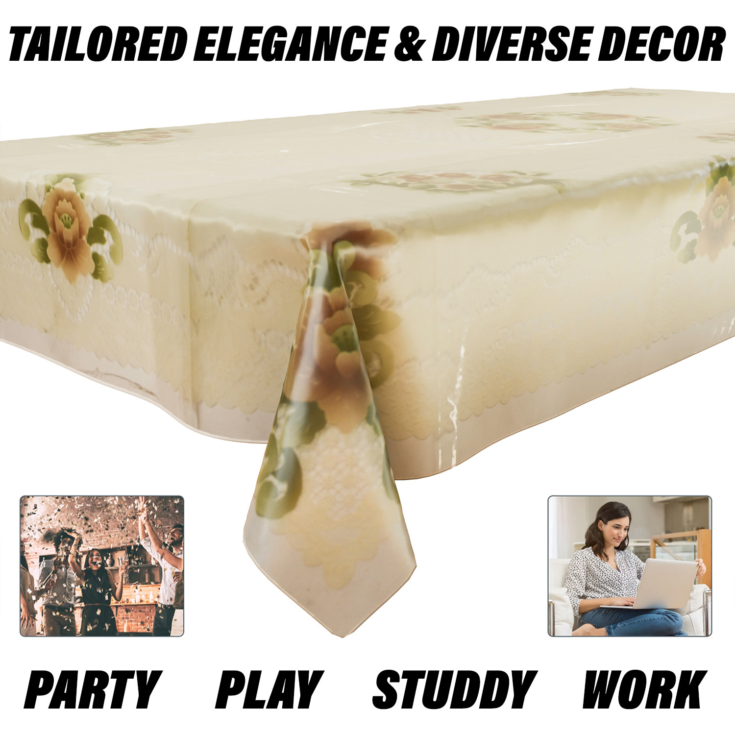 Kuber Industries Dining Table Cover  PVC Table Cloth Cover  6 Seater Table Cloth  Flower Almond Table Cover  Table Protector  Table Cover for Dining Table  60x90 Inch  Cream