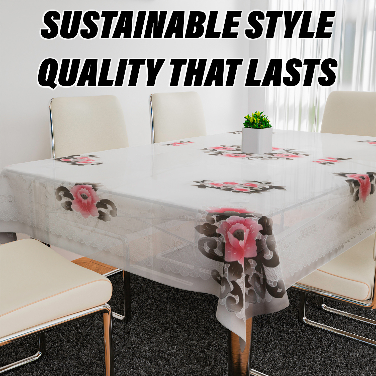 Kuber Industries Dining Table Cover  PVC Table Cloth Cover  6 Seater Table Cloth  Flower Almond Table Cover  Table Protector  Table Cover for Dining Table  60x90 Inch  Black