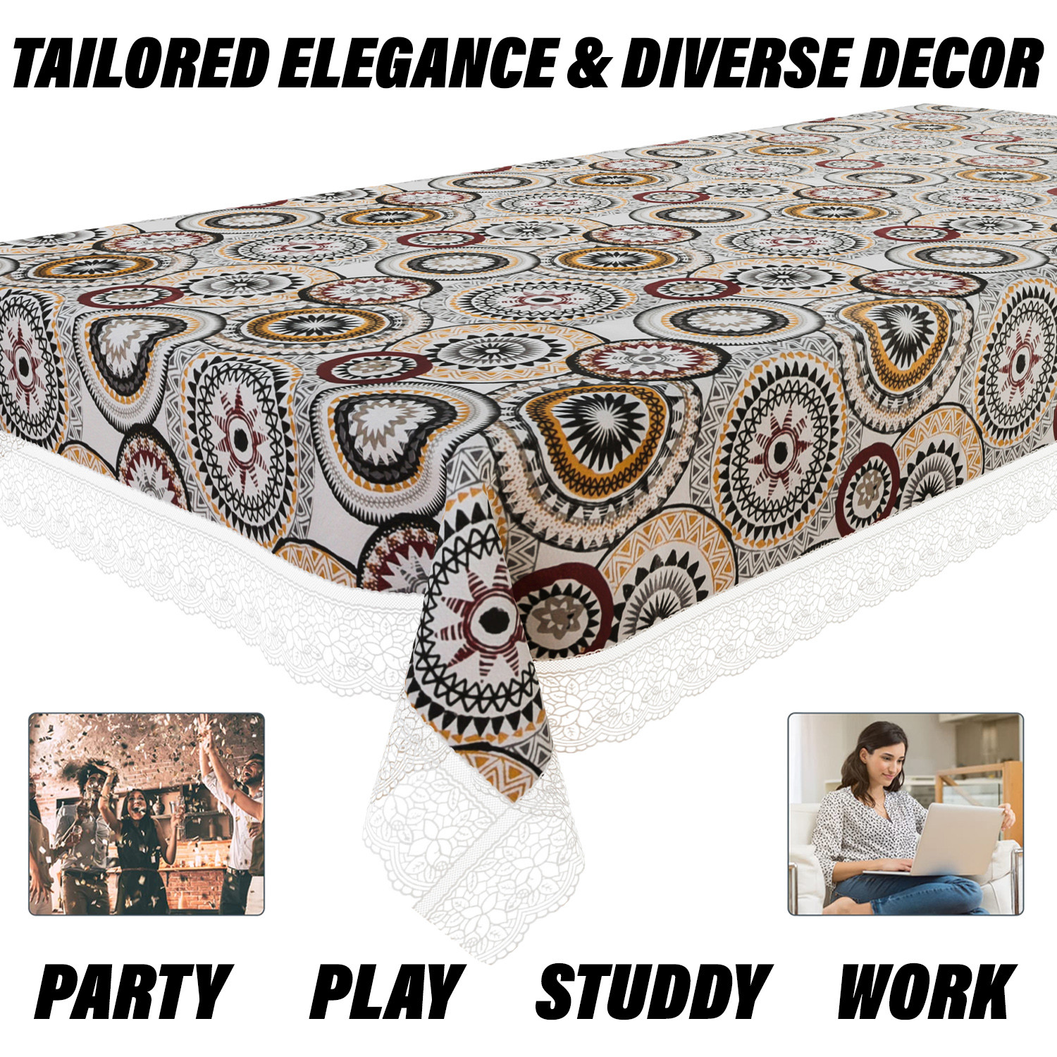 Kuber Industries Dining Table Cover | PVC Table Cloth Cover | 6 Seater Table Cloth | Rangoli Table Cover | Table Protector | Table Cover for Dining Table | 60x90 Inch | DTC | White