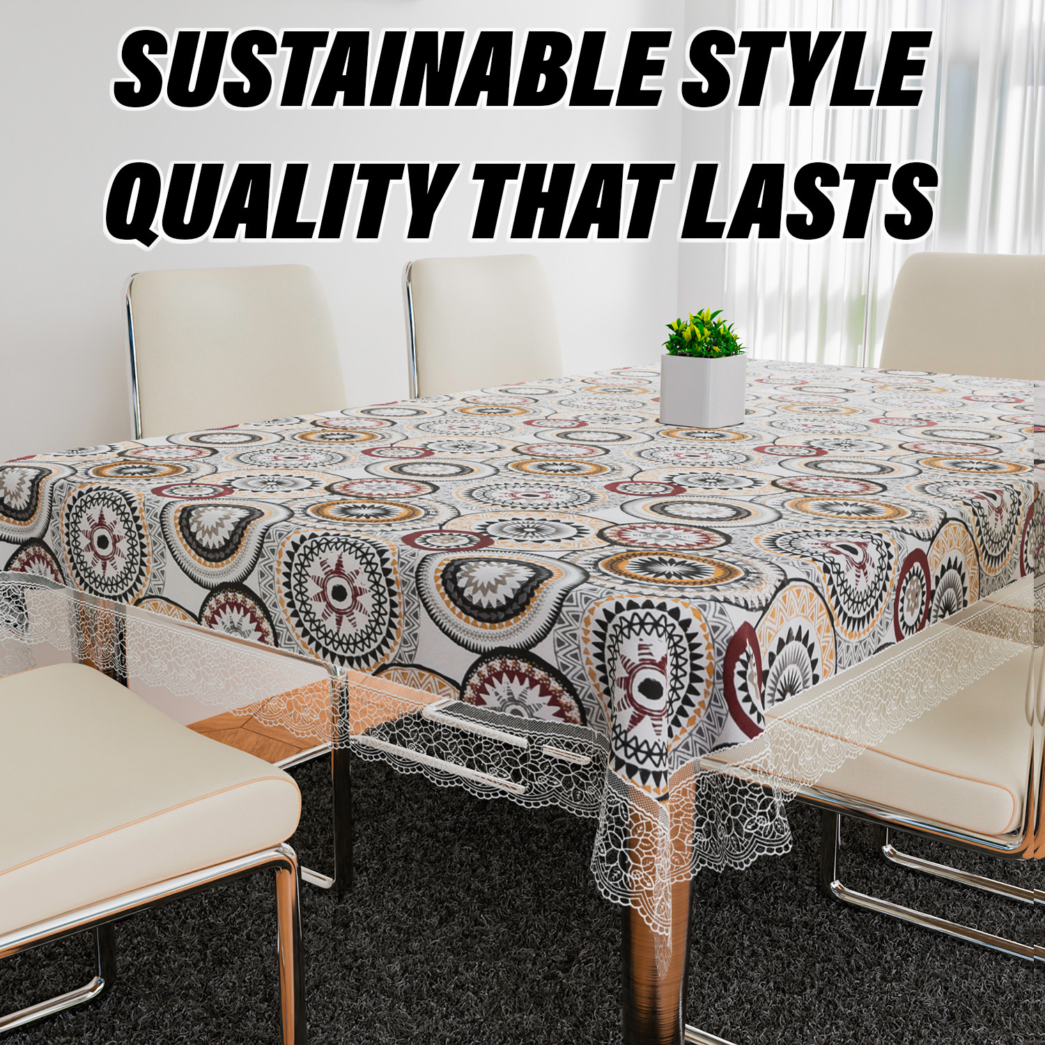 Kuber Industries Dining Table Cover | PVC Table Cloth Cover | 6 Seater Table Cloth | Rangoli Table Cover | Table Protector | Table Cover for Dining Table | 60x90 Inch | DTC | White