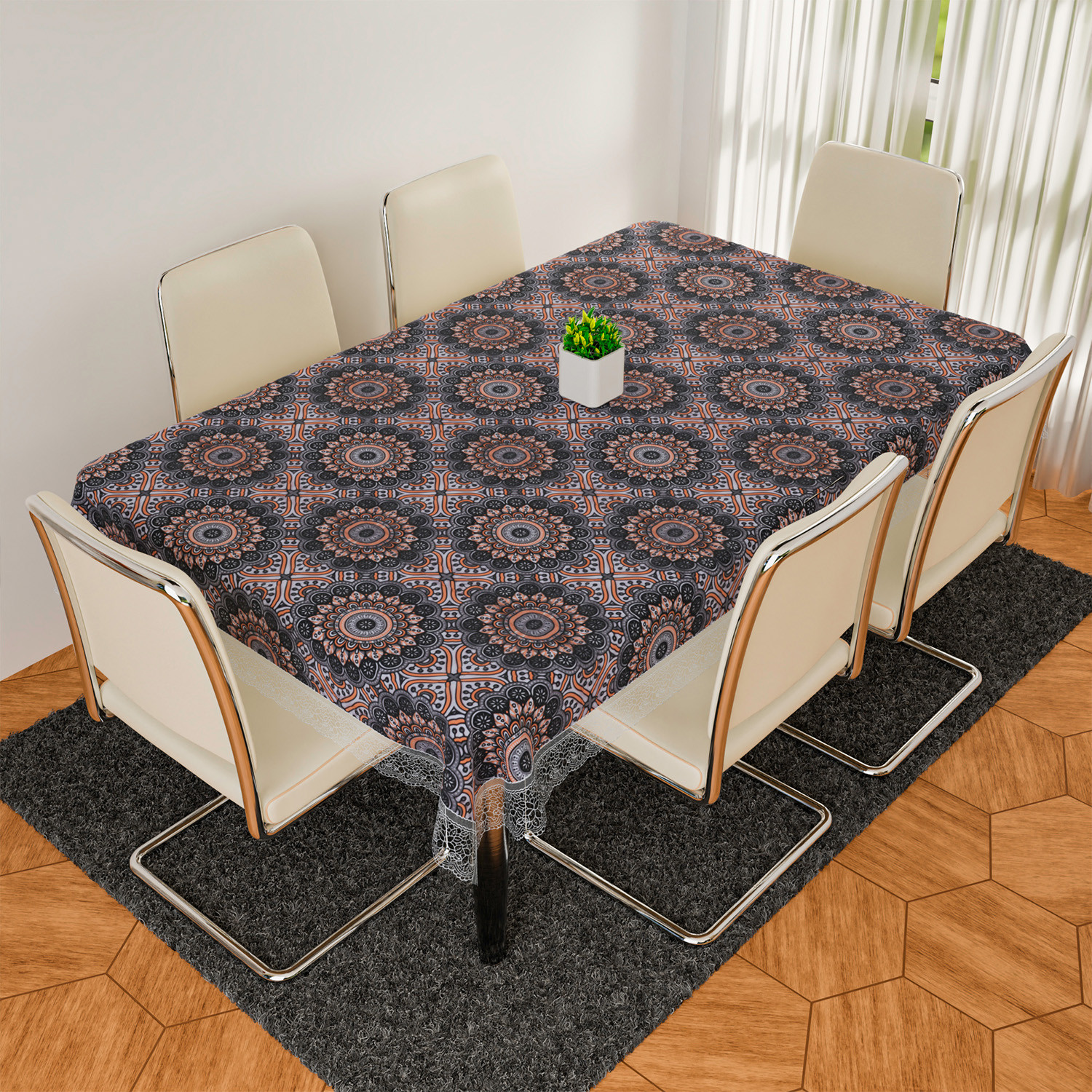Kuber Industries Dining Table Cover | PVC Table Cloth Cover | 6 Seater Table Cloth | Rangoli Table Cover | Table Protector | Table Cover for Dining Table | 60x90 Inch | DTC | Black