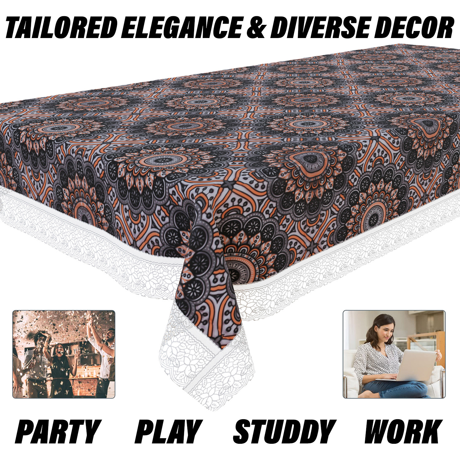Kuber Industries Dining Table Cover | PVC Table Cloth Cover | 6 Seater Table Cloth | Rangoli Table Cover | Table Protector | Table Cover for Dining Table | 60x90 Inch | DTC | Black