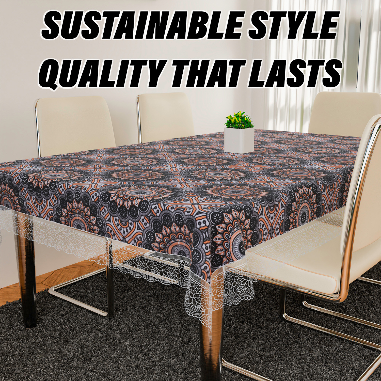 Kuber Industries Dining Table Cover | PVC Table Cloth Cover | 6 Seater Table Cloth | Rangoli Table Cover | Table Protector | Table Cover for Dining Table | 60x90 Inch | DTC | Black