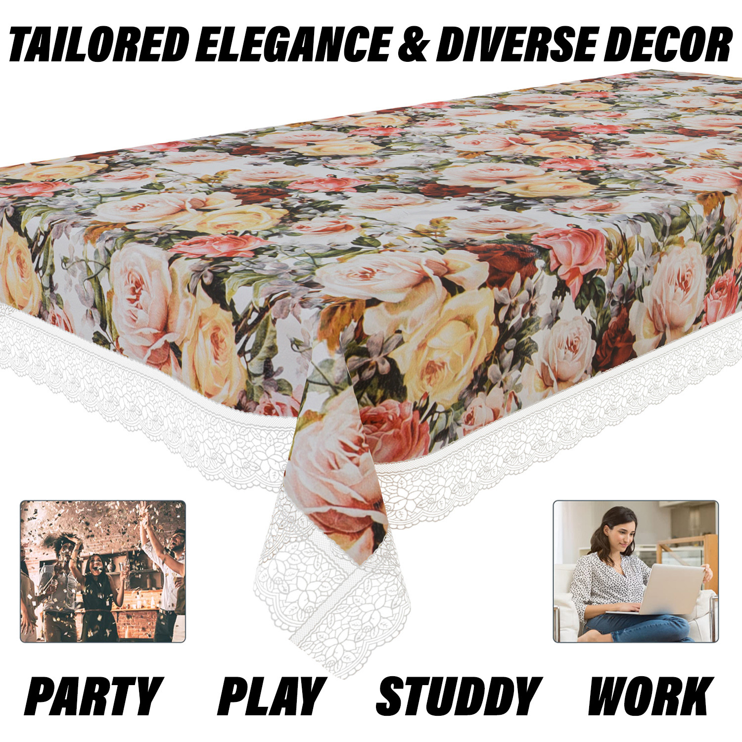 Kuber Industries Dining Table Cover  PVC Table Cloth Cover  6 Seater Table Cloth  Rose Table Cover  Table Protector  Table Cover for Dining Table  60x90 Inch  DTC  White