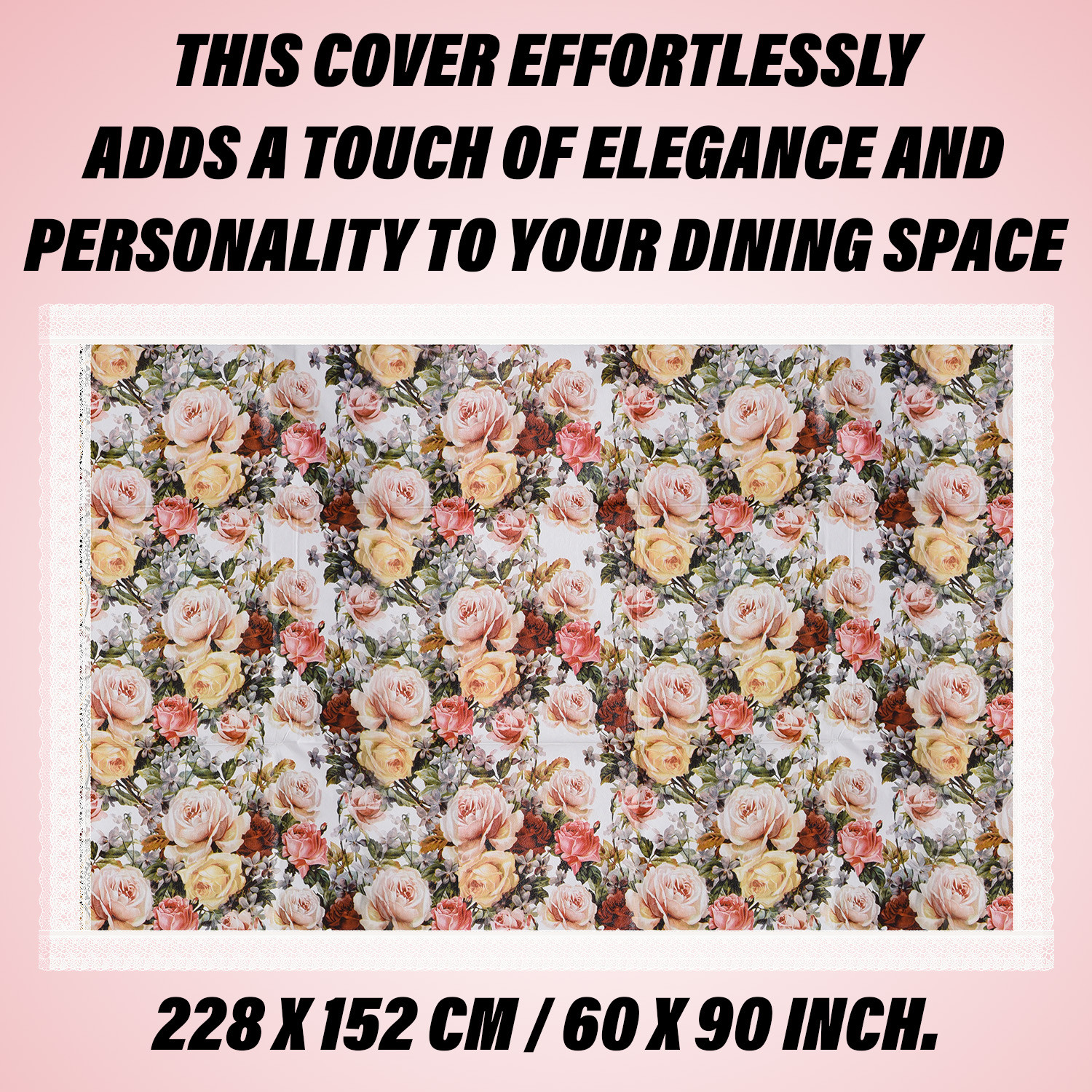 Kuber Industries Dining Table Cover | PVC Table Cloth Cover | 6 Seater Table Cloth | Rose Table Cover | Table Protector | Table Cover for Dining Table | 60x90 Inch | DTC | White