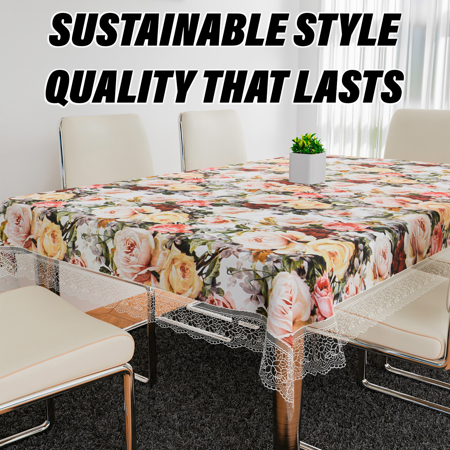 Kuber Industries Dining Table Cover | PVC Table Cloth Cover | 6 Seater Table Cloth | Rose Table Cover | Table Protector | Table Cover for Dining Table | 60x90 Inch | DTC | White