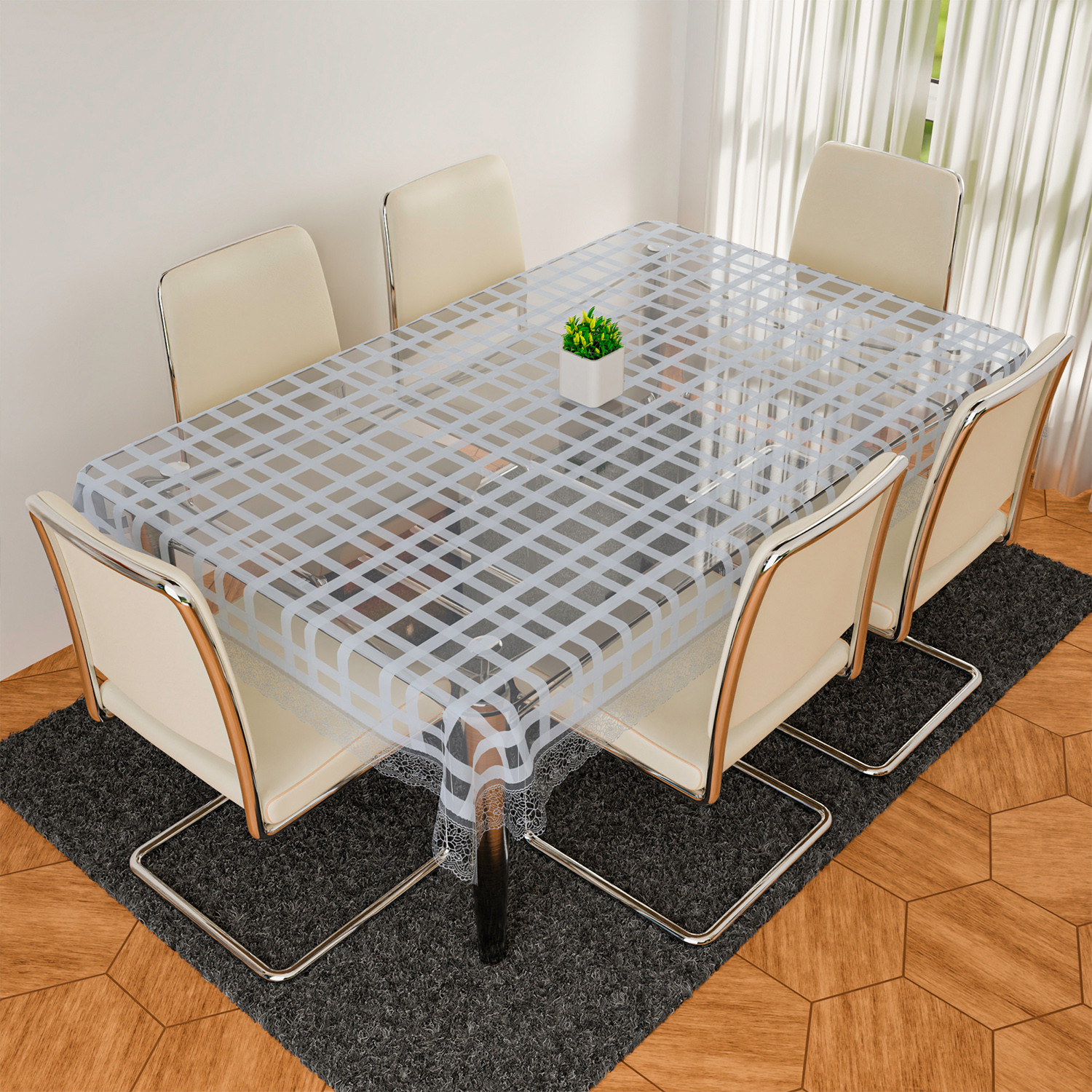 Kuber Industries Dining Table Cover | PVC Table Cloth Cover | 6 Seater Table Cloth | Self Check Table Cover | Table Protector | Table Cover for Dining Table | 60x90 Inch | DTC | White