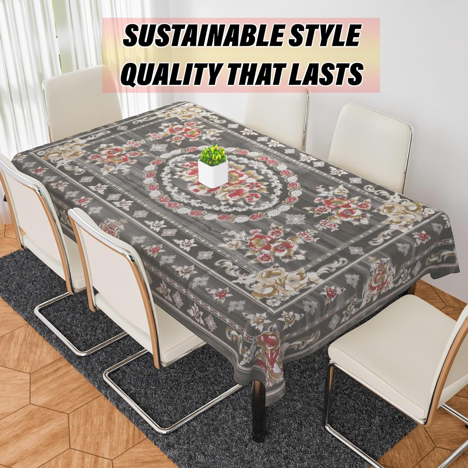 Kuber Industries Dining Table Cover  PVC Table Cloth Cover  6 Seater Table Cloth  Table Protector  Table Cover for Dining Table  Passion Flower  60x90 Inch  DTC  Gray