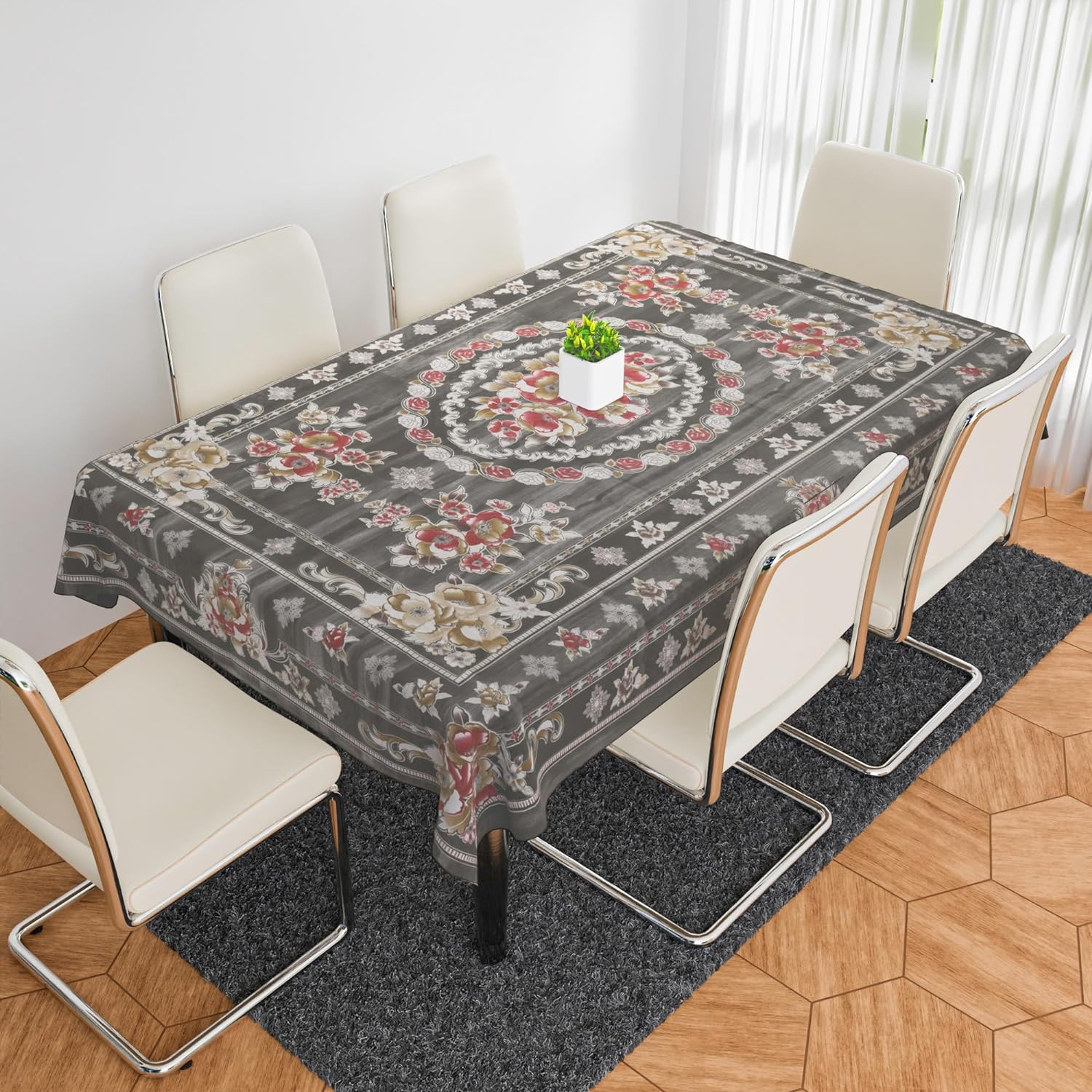 Kuber Industries Dining Table Cover | PVC Table Cloth Cover | 6 Seater Table Cloth | Table Protector | Table Cover for Dining Table | Passion Flower | 60x90 Inch | DTC | Gray