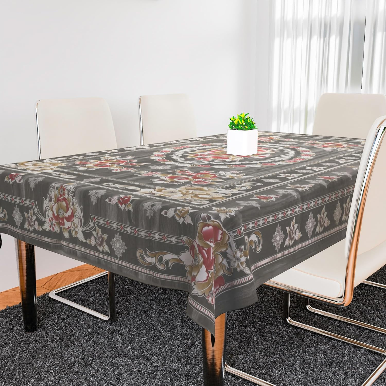 Kuber Industries Dining Table Cover | PVC Table Cloth Cover | 6 Seater Table Cloth | Table Protector | Table Cover for Dining Table | Passion Flower | 60x90 Inch | DTC | Gray