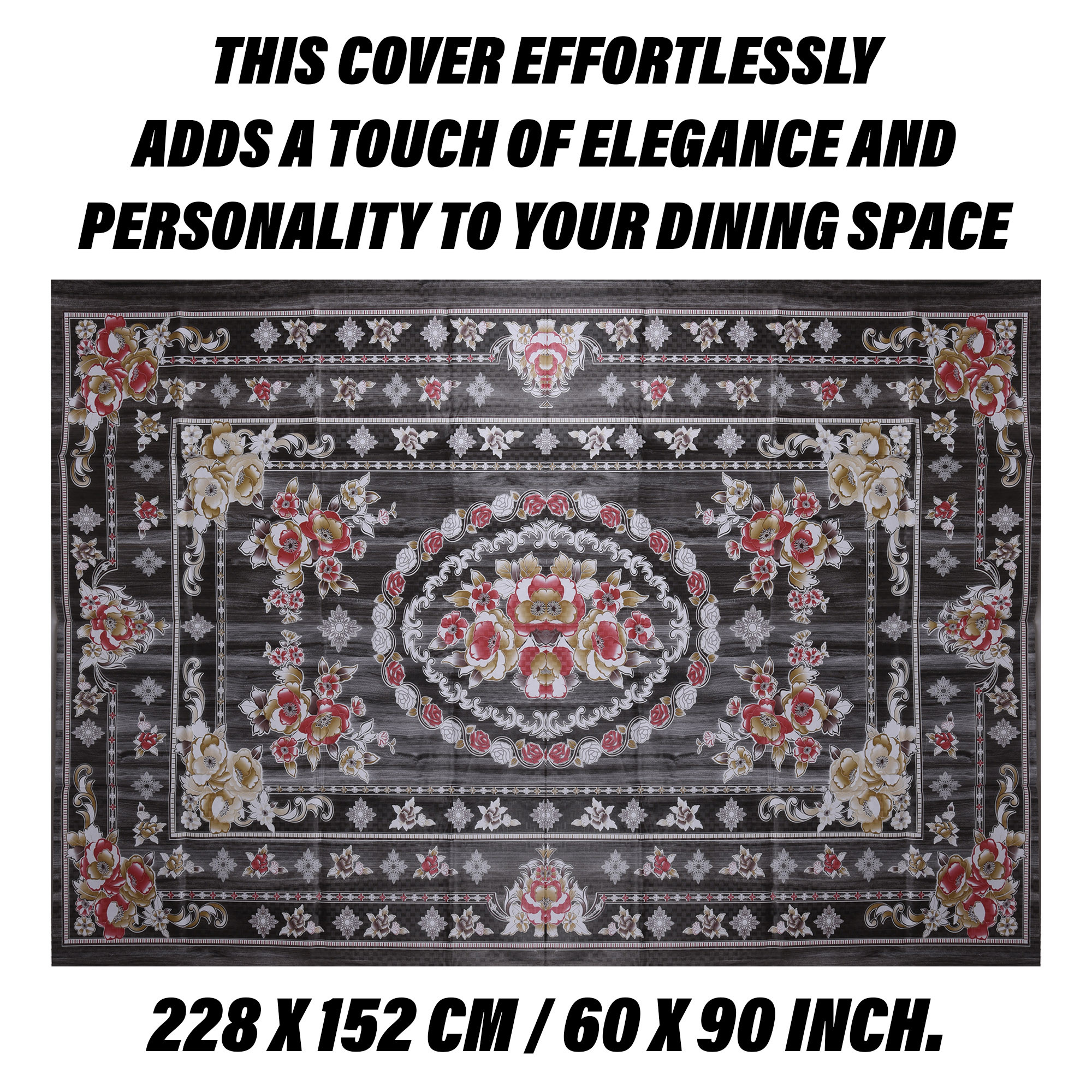Kuber Industries Dining Table Cover | PVC Table Cloth Cover | 6 Seater Table Cloth | Table Protector | Table Cover for Dining Table | Passion Flower | 60x90 Inch | DTC | Black