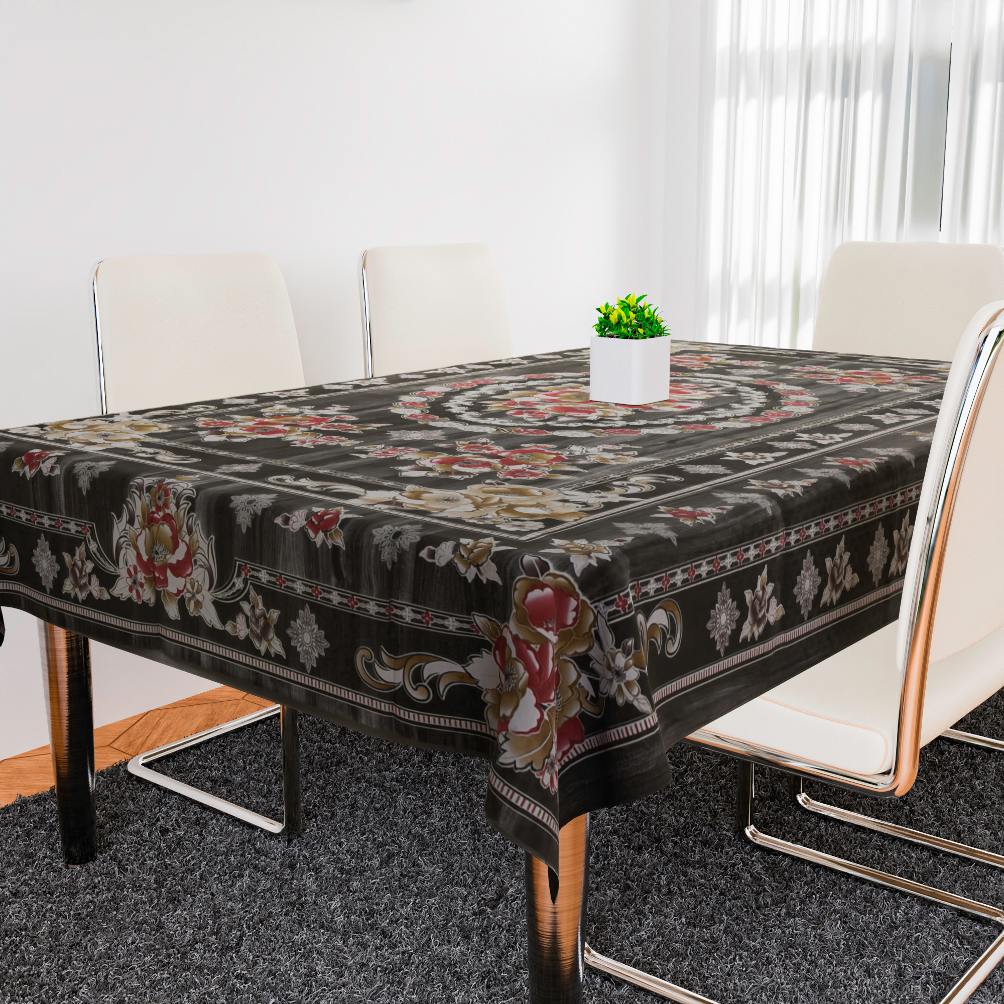 Kuber Industries Dining Table Cover | PVC Table Cloth Cover | 6 Seater Table Cloth | Table Protector | Table Cover for Dining Table | Passion Flower | 60x90 Inch | DTC | Black