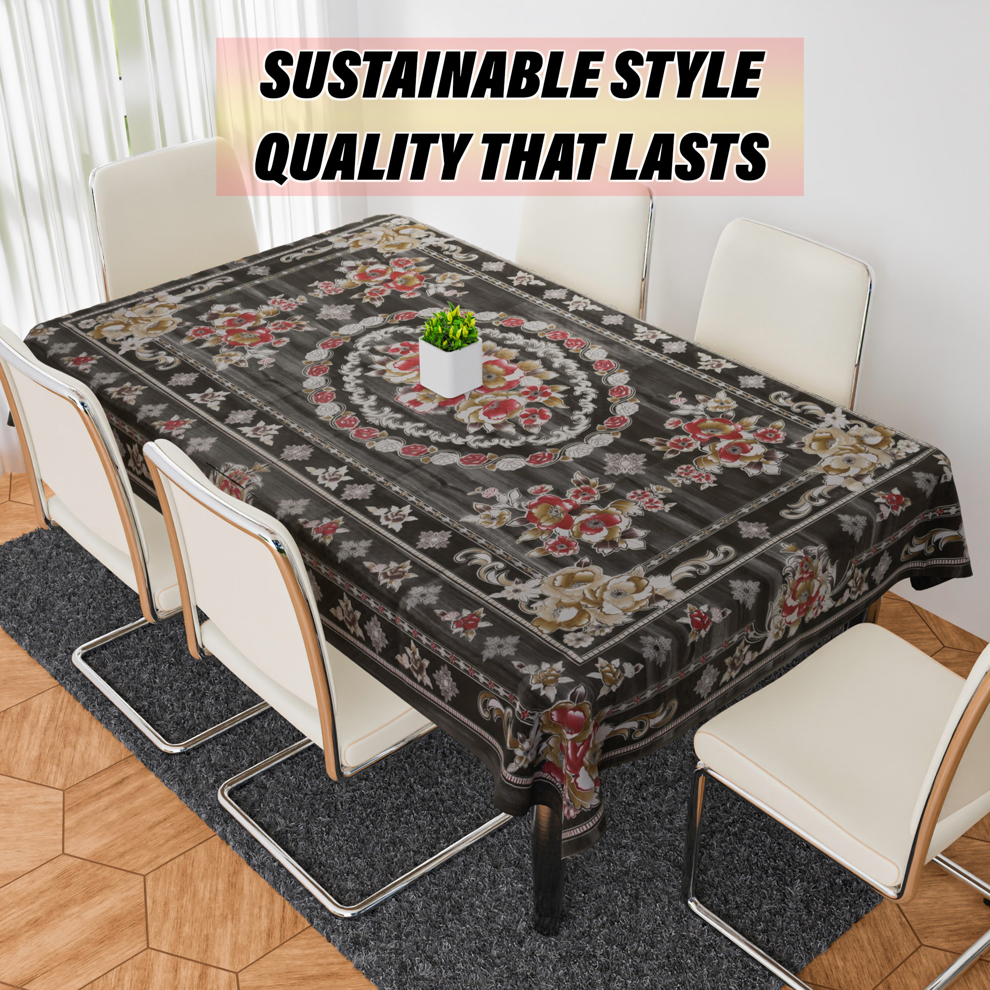 Kuber Industries Dining Table Cover | PVC Table Cloth Cover | 6 Seater Table Cloth | Table Protector | Table Cover for Dining Table | Passion Flower | 60x90 Inch | DTC | Black