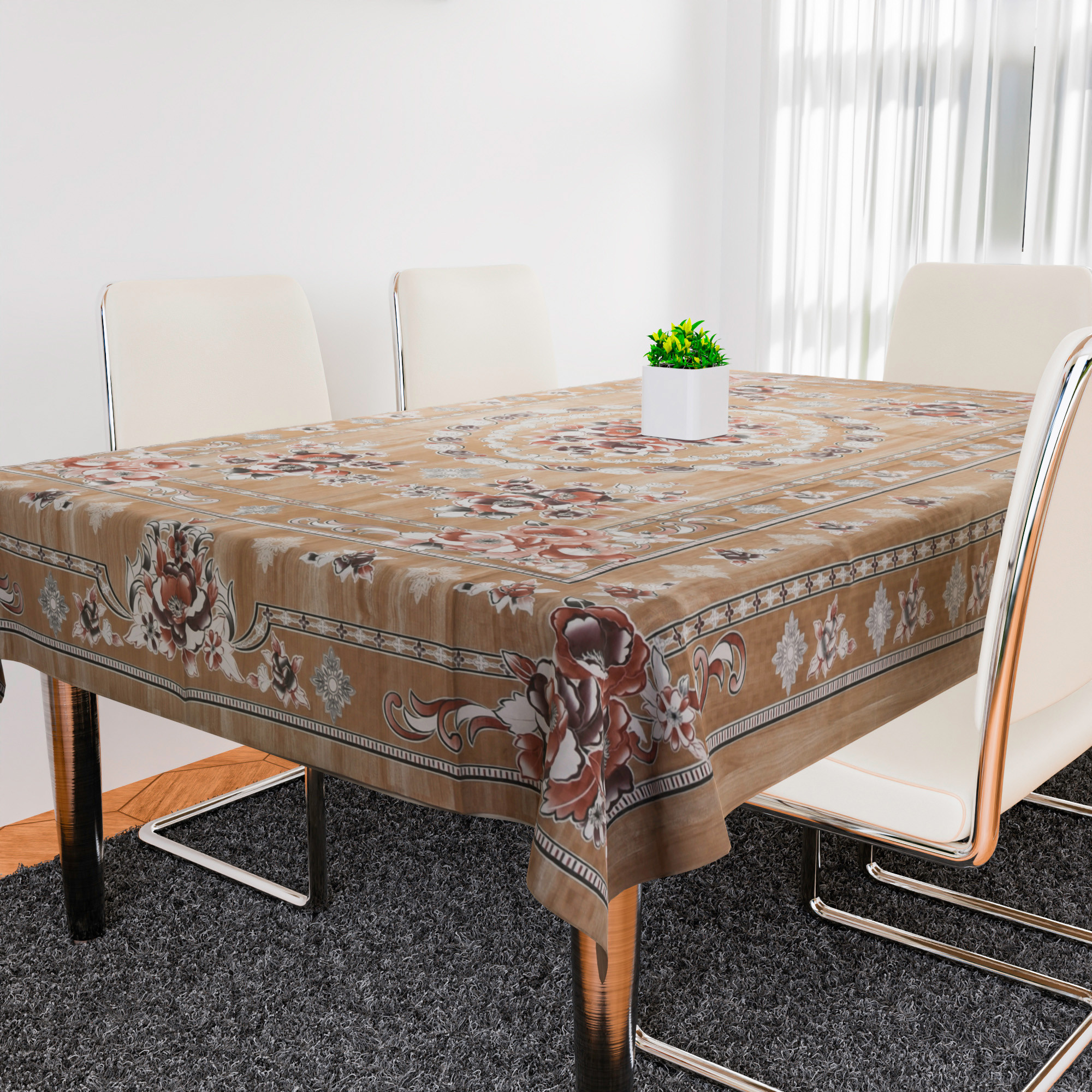 Kuber Industries Dining Table Cover | PVC Table Cloth Cover | 6 Seater Table Cloth | Table Protector | Table Cover for Dining Table | Passion Flower | 60x90 Inch | DTC | Brown