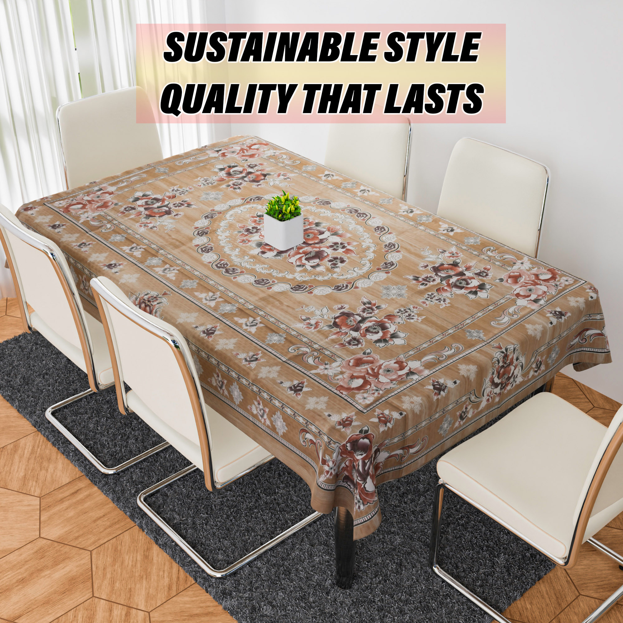 Kuber Industries Dining Table Cover | PVC Table Cloth Cover | 6 Seater Table Cloth | Table Protector | Table Cover for Dining Table | Passion Flower | 60x90 Inch | DTC | Brown
