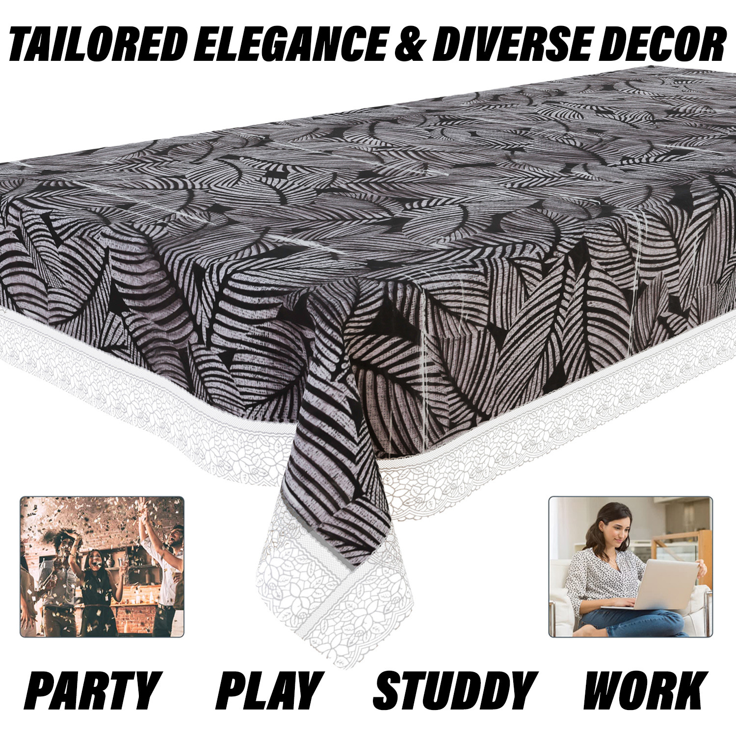 Kuber Industries Dining Table Cover | PVC Table Cloth Cover | 6 Seater Table Cloth | Transparent Leaf Table Cover | Table Protector | Table Cover for Dining Table | 60x90 Inch | DTC | Black