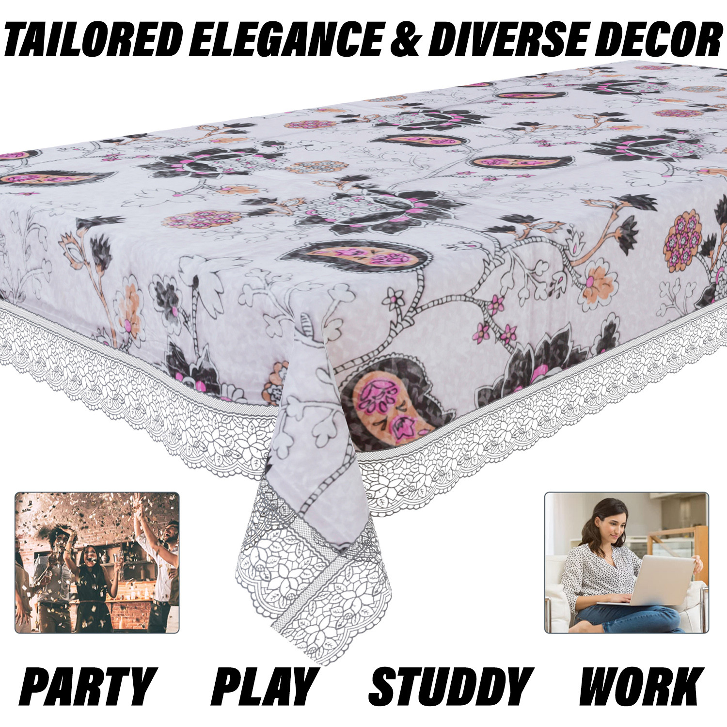 Kuber Industries Dining Table Cover | PVC Table Cloth Cover | 8 Seater Table Cloth | 3D Gulab Table Cover | Table Protector | Table Cover for Dining Table | 60x108 Inch | DTC | Black