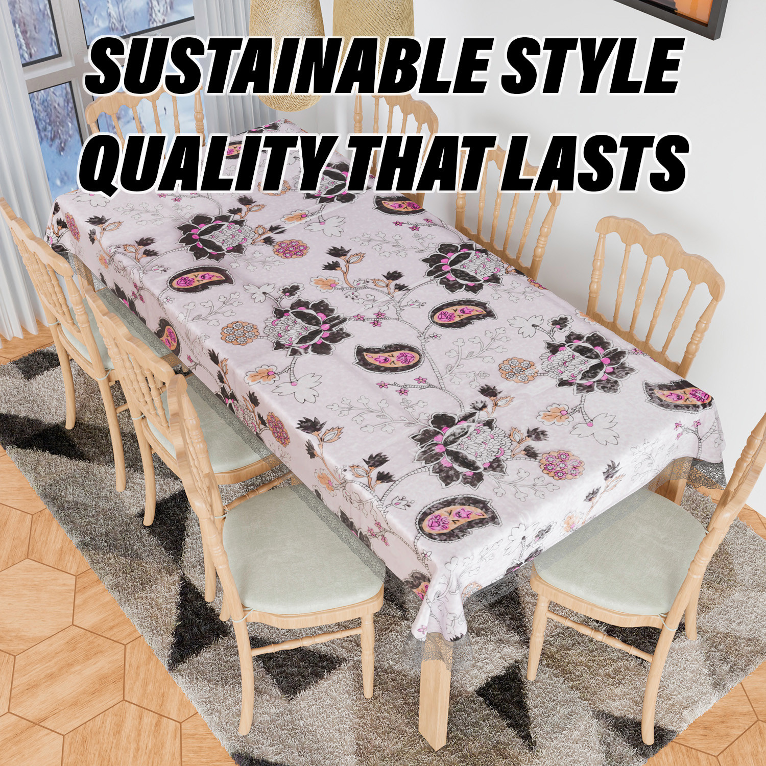 Kuber Industries Dining Table Cover | PVC Table Cloth Cover | 8 Seater Table Cloth | 3D Gulab Table Cover | Table Protector | Table Cover for Dining Table | 60x108 Inch | DTC | Black