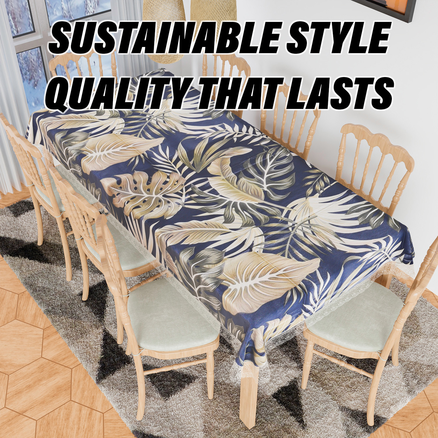 Kuber Industries Dining Table Cover  PVC Table Cloth Cover  8 Seater Table Cloth  Green Leaf Table Cover  Table Protector  Table Cover for Dining Table  60x108 Inch  DTC  Blue