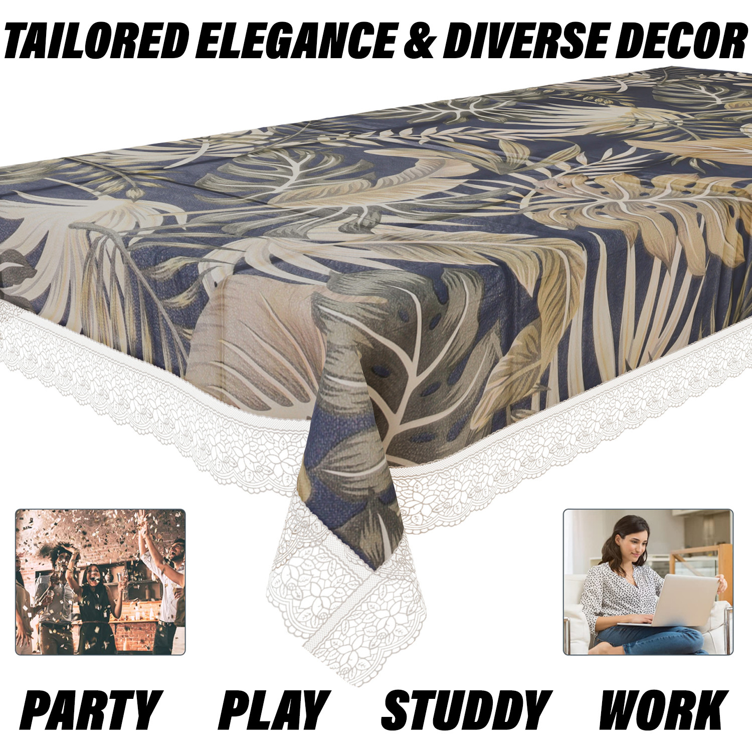 Kuber Industries Dining Table Cover | PVC Table Cloth Cover | 8 Seater Table Cloth | Green Leaf Table Cover | Table Protector | Table Cover for Dining Table | 60x108 Inch | DTC | Blue
