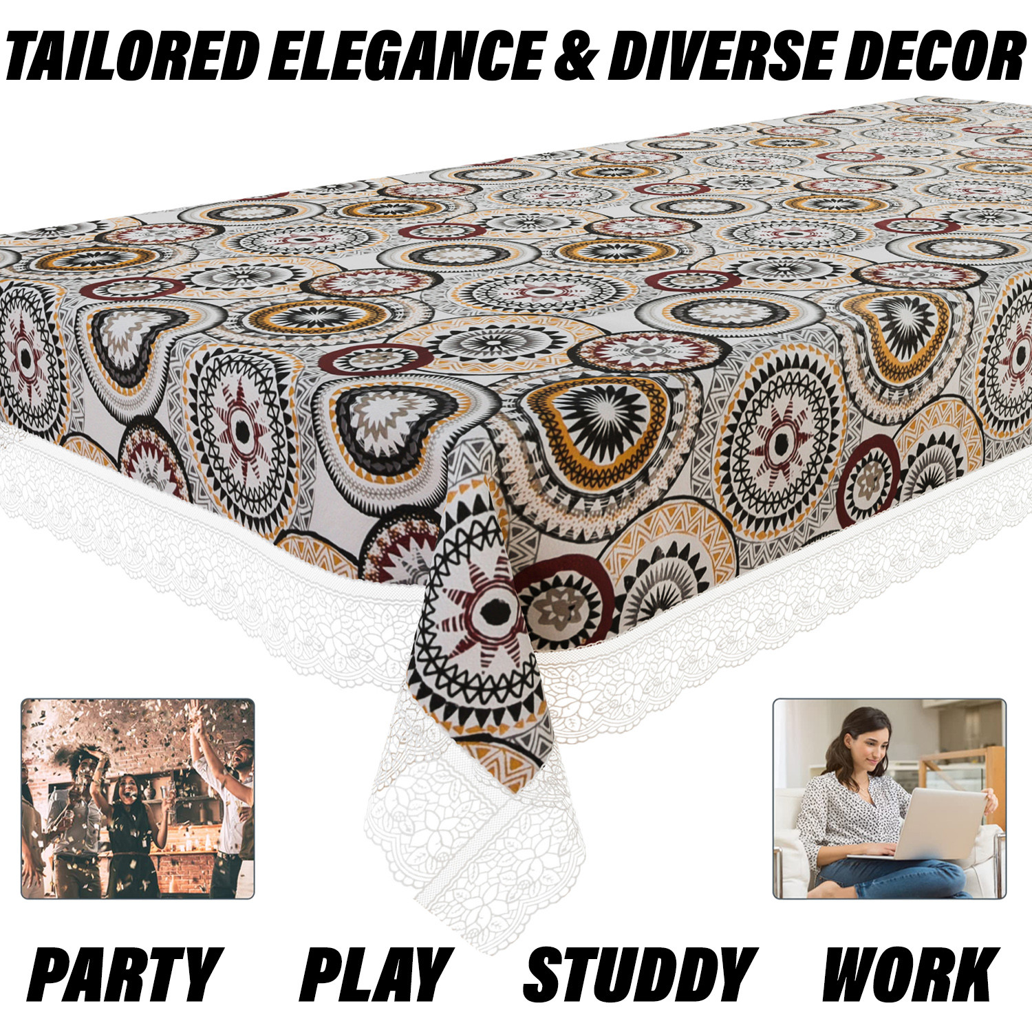 Kuber Industries Dining Table Cover  PVC Table Cloth Cover  8 Seater Table Cloth  Rangoli Table Cover  Table Protector  Table Cover for Dining Table  60x108 Inch  DTC  White