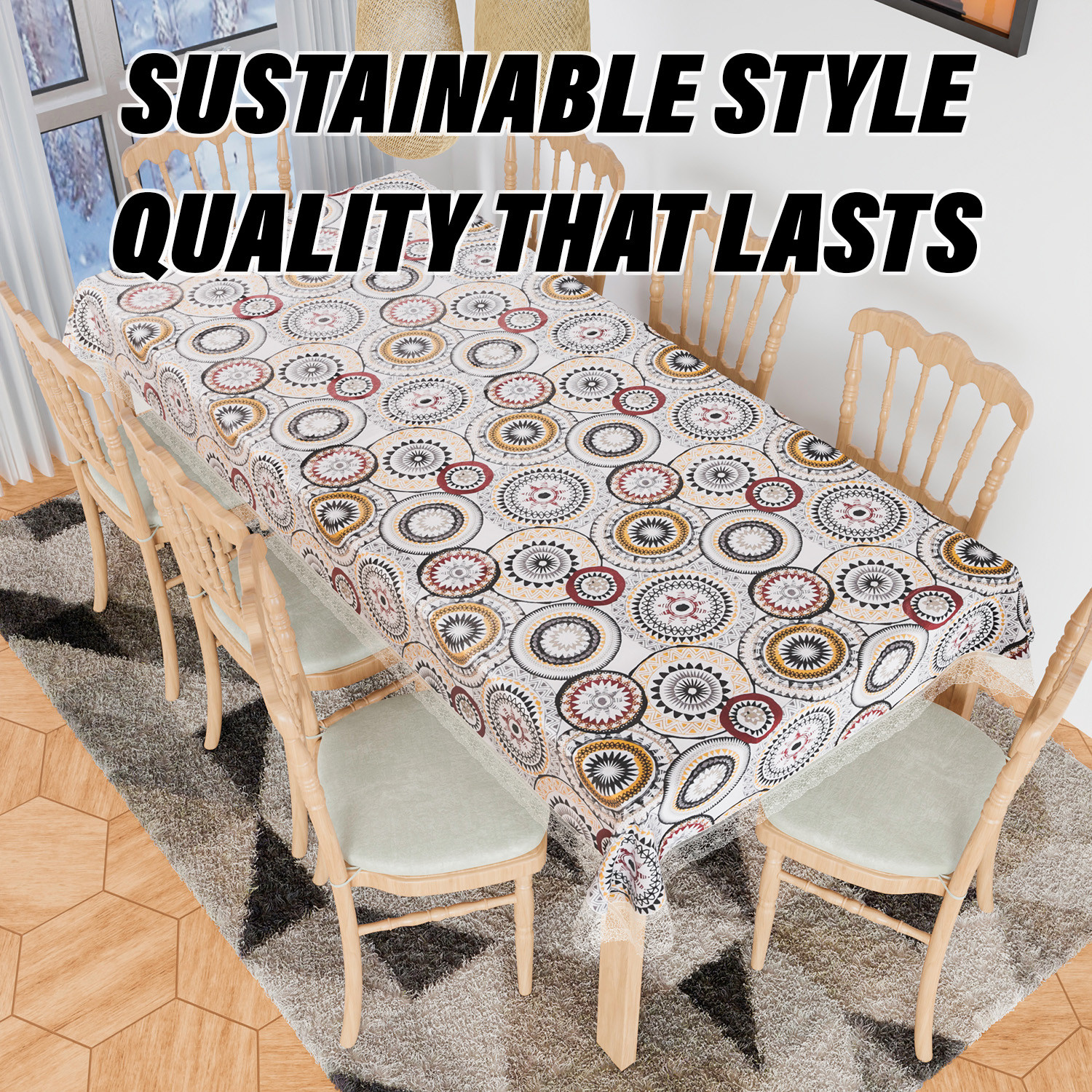 Kuber Industries Dining Table Cover  PVC Table Cloth Cover  8 Seater Table Cloth  Rangoli Table Cover  Table Protector  Table Cover for Dining Table  60x108 Inch  DTC  White