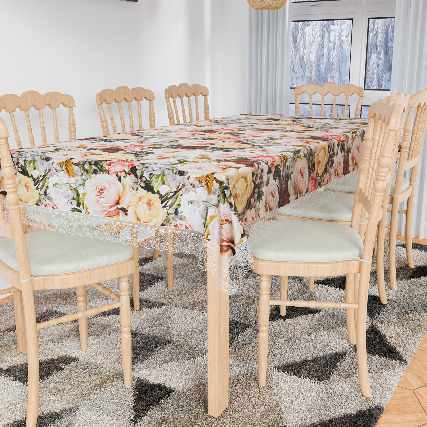 Kuber Industries Dining Table Cover | PVC Table Cloth Cover | 8 Seater Table Cloth | Rose Table Cover | Table Protector | Table Cover for Dining Table | 60x108 Inch | DTC | White