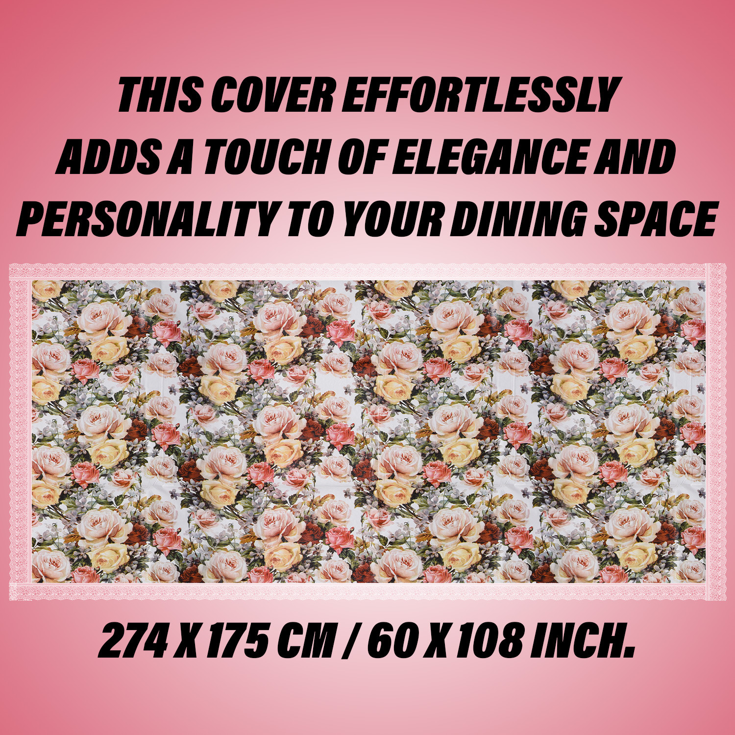Kuber Industries Dining Table Cover | PVC Table Cloth Cover | 8 Seater Table Cloth | Rose Table Cover | Table Protector | Table Cover for Dining Table | 60x108 Inch | DTC | White