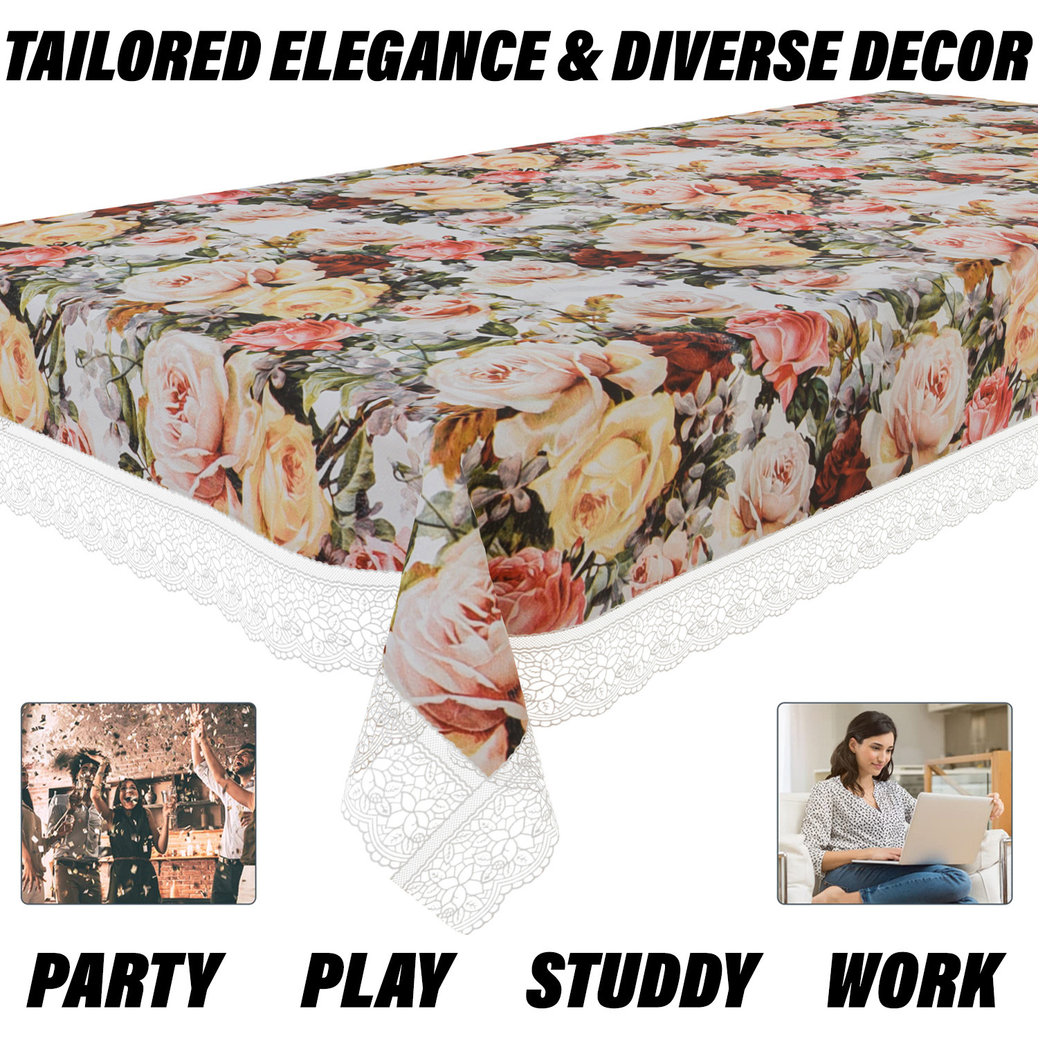 Kuber Industries Dining Table Cover | PVC Table Cloth Cover | 8 Seater Table Cloth | Rose Table Cover | Table Protector | Table Cover for Dining Table | 60x108 Inch | DTC | White