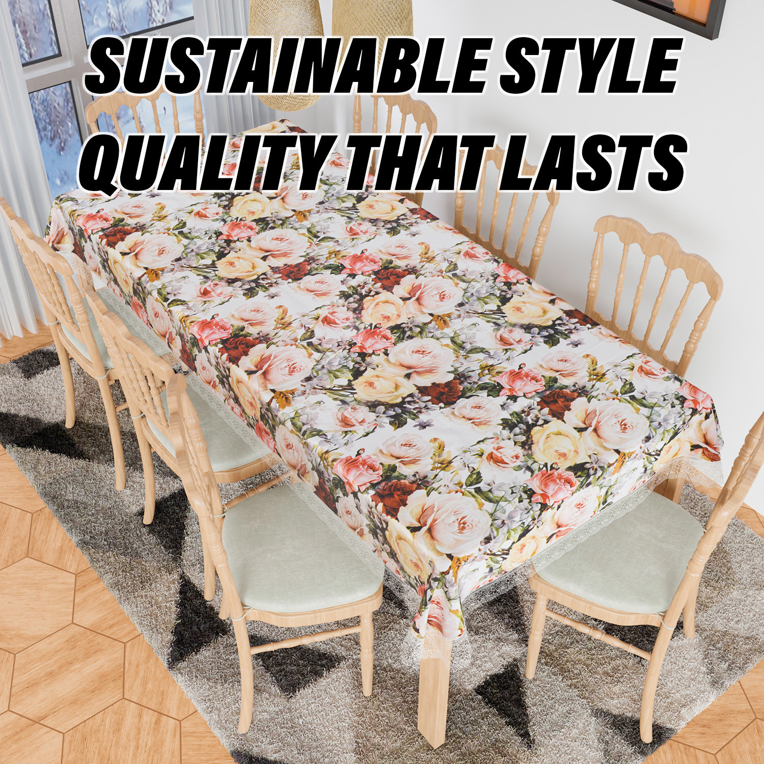 Kuber Industries Dining Table Cover | PVC Table Cloth Cover | 8 Seater Table Cloth | Rose Table Cover | Table Protector | Table Cover for Dining Table | 60x108 Inch | DTC | White
