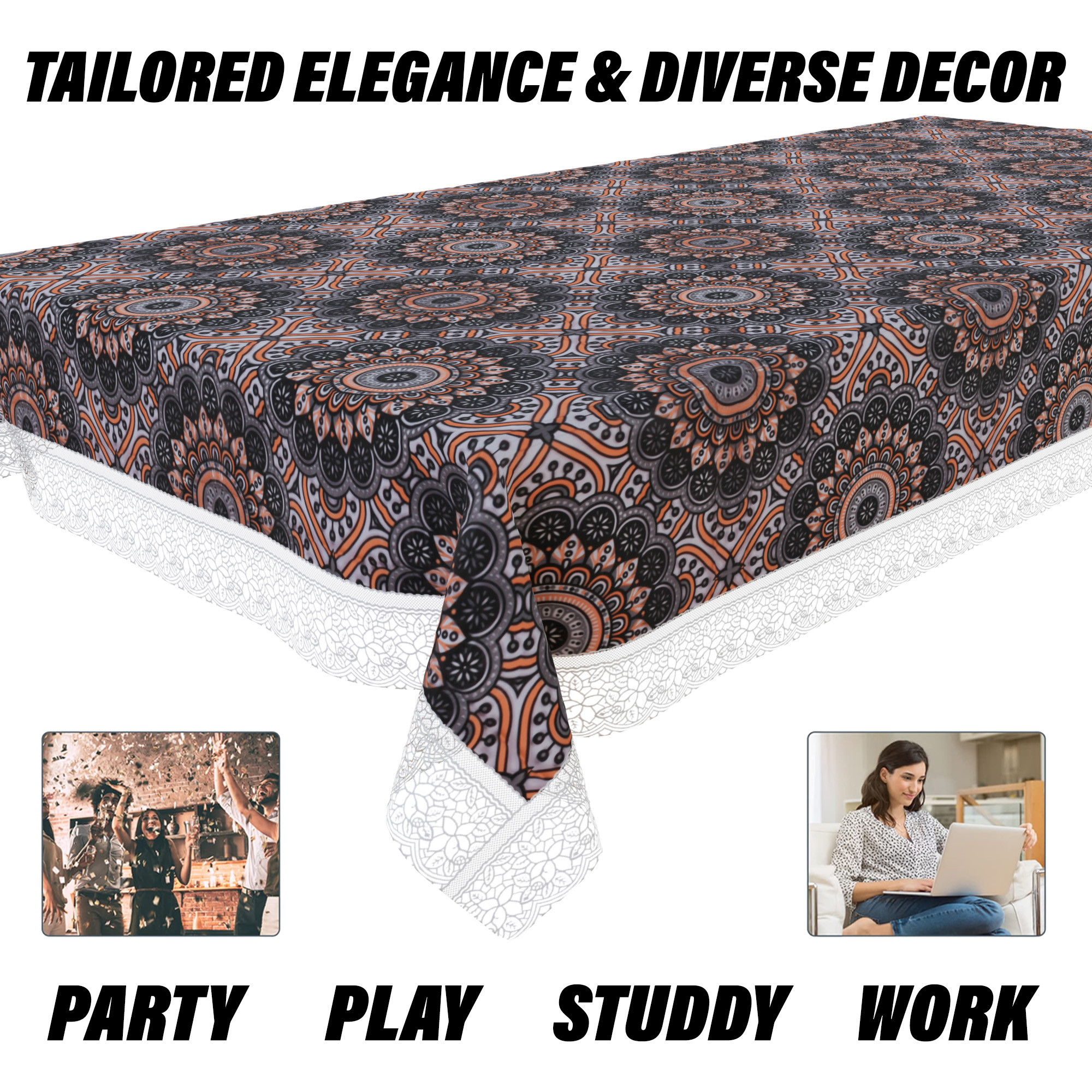 Kuber Industries Dining Table Cover  PVC Table Cloth Cover  8-Seater Table Cloth  Table Protector Cover  Table Cover for Dining Table  Rangoli Table Cover  60x90 Inch  DTC  Black