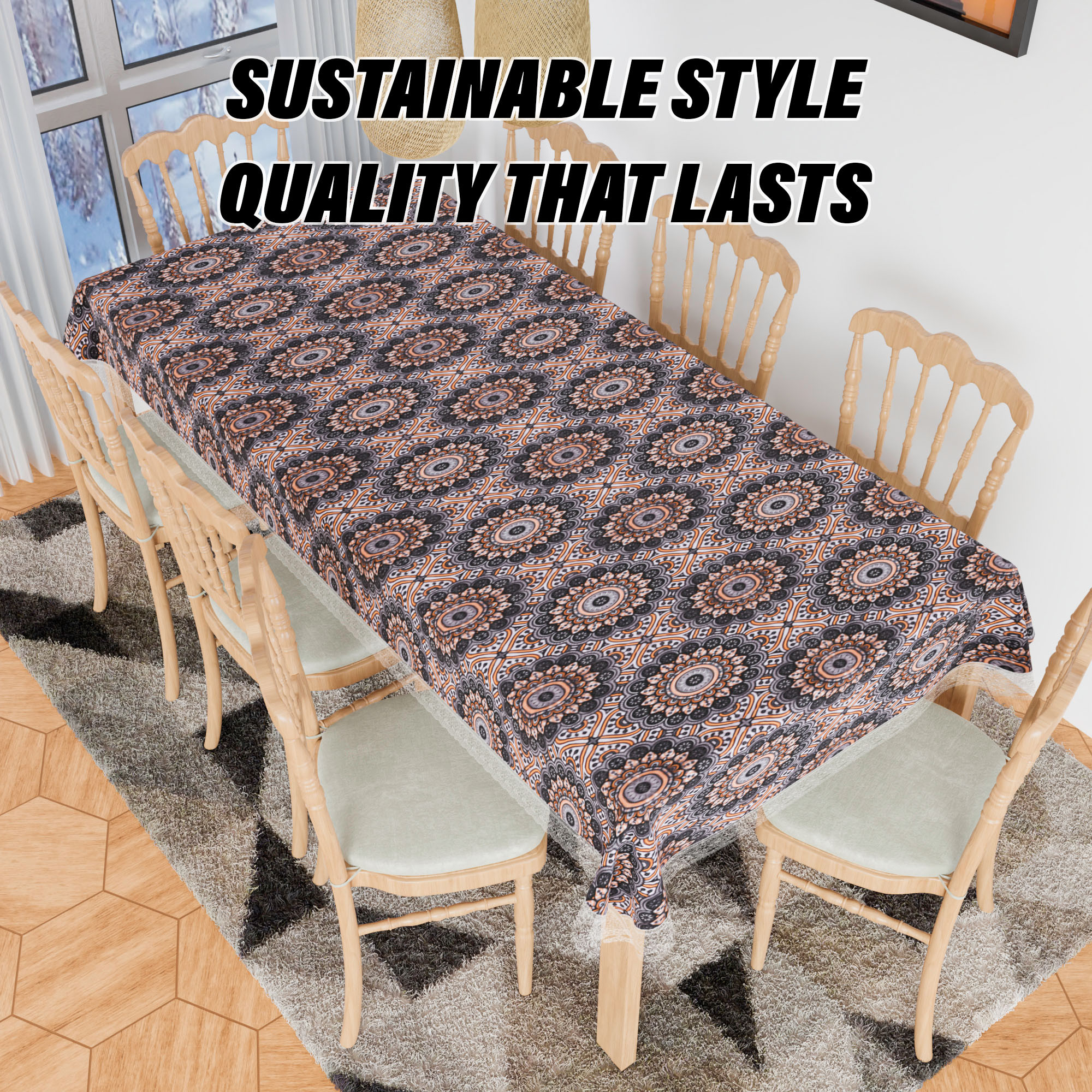 Kuber Industries Dining Table Cover | PVC Table Cloth Cover | 8-Seater Table Cloth | Table Protector Cover | Table Cover for Dining Table | Rangoli Table Cover | 60x90 Inch | DTC | Black