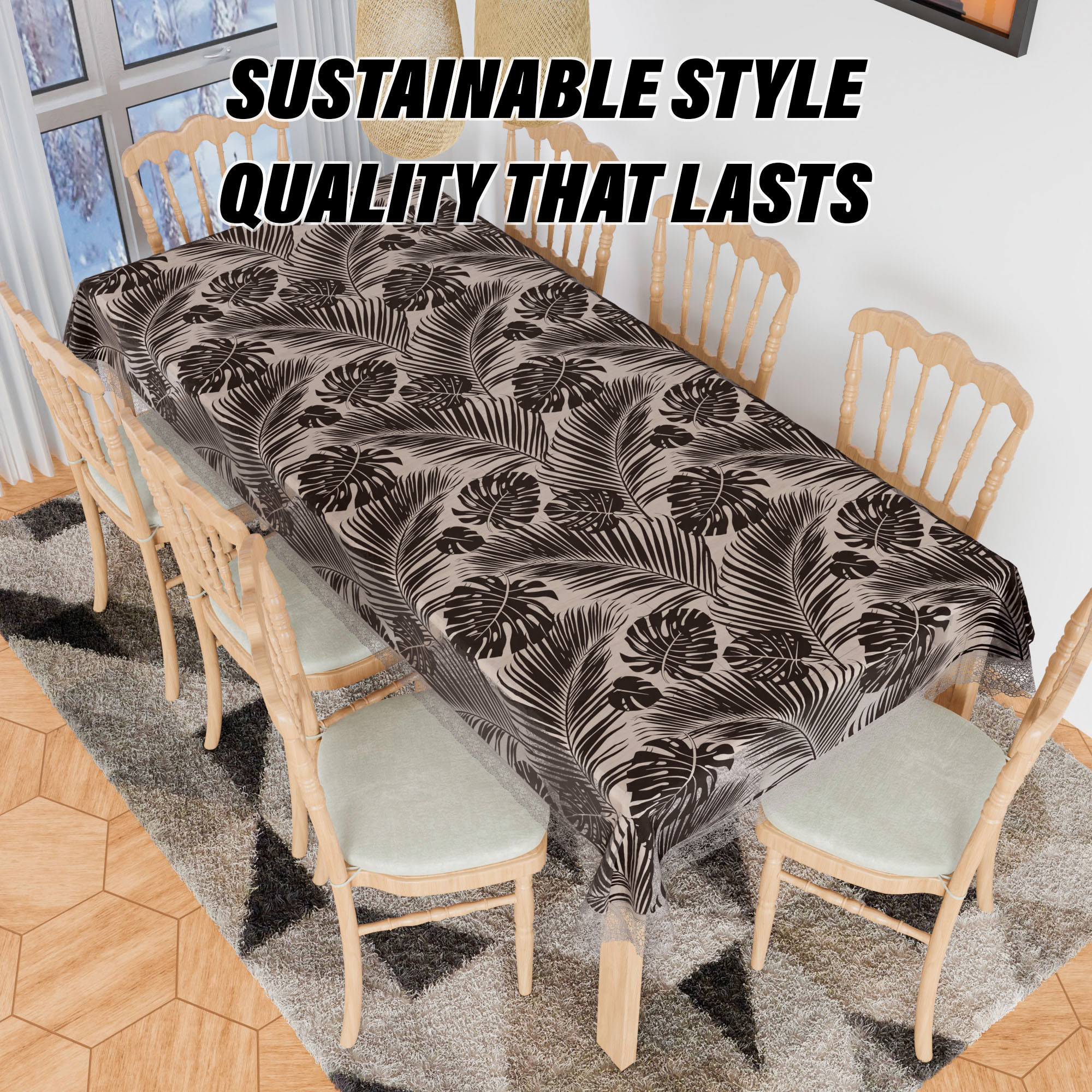 Kuber Industries Dining Table Cover | PVC Table Cloth Cover | 8-Seater Table Cloth | Table Protector Cover | Table Cover for Dining Table | Transparent Leaf Table Cover | 60x90 Inch | DTC | Black