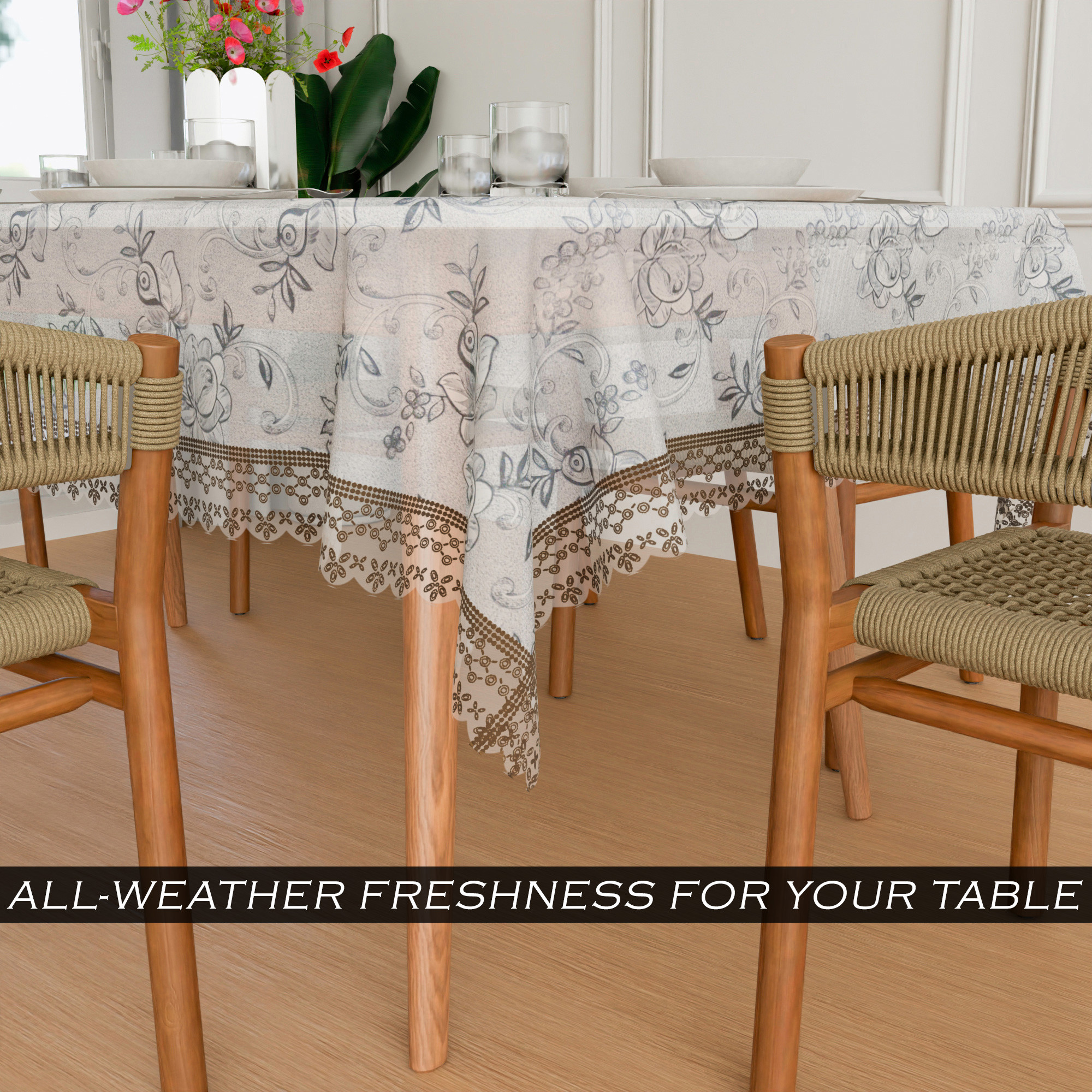 Kuber Industries Dining Table Cover  PVC Table Cover  Brown Embossed Lace Floral Table Cover  Table Protector  Table Cover for Dining Table  60x90  Transparent