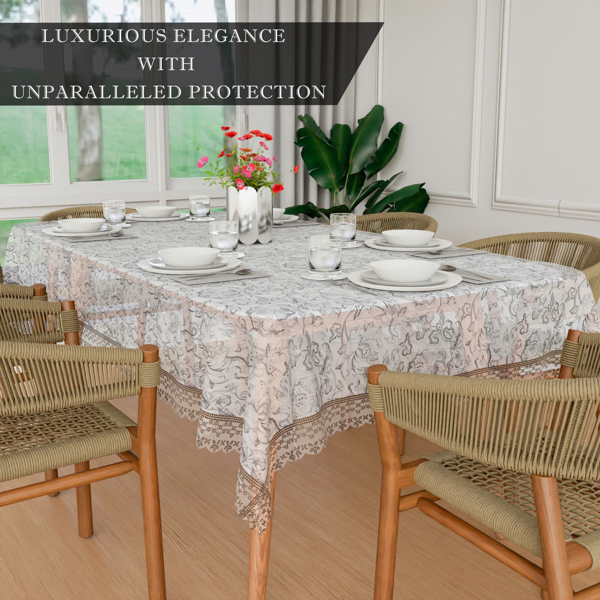 Kuber Industries Dining Table Cover  PVC Table Cover  Brown Embossed Lace Flower Table Cover  Table Protector  Table Cover for Dining Table  60x90  Transparent
