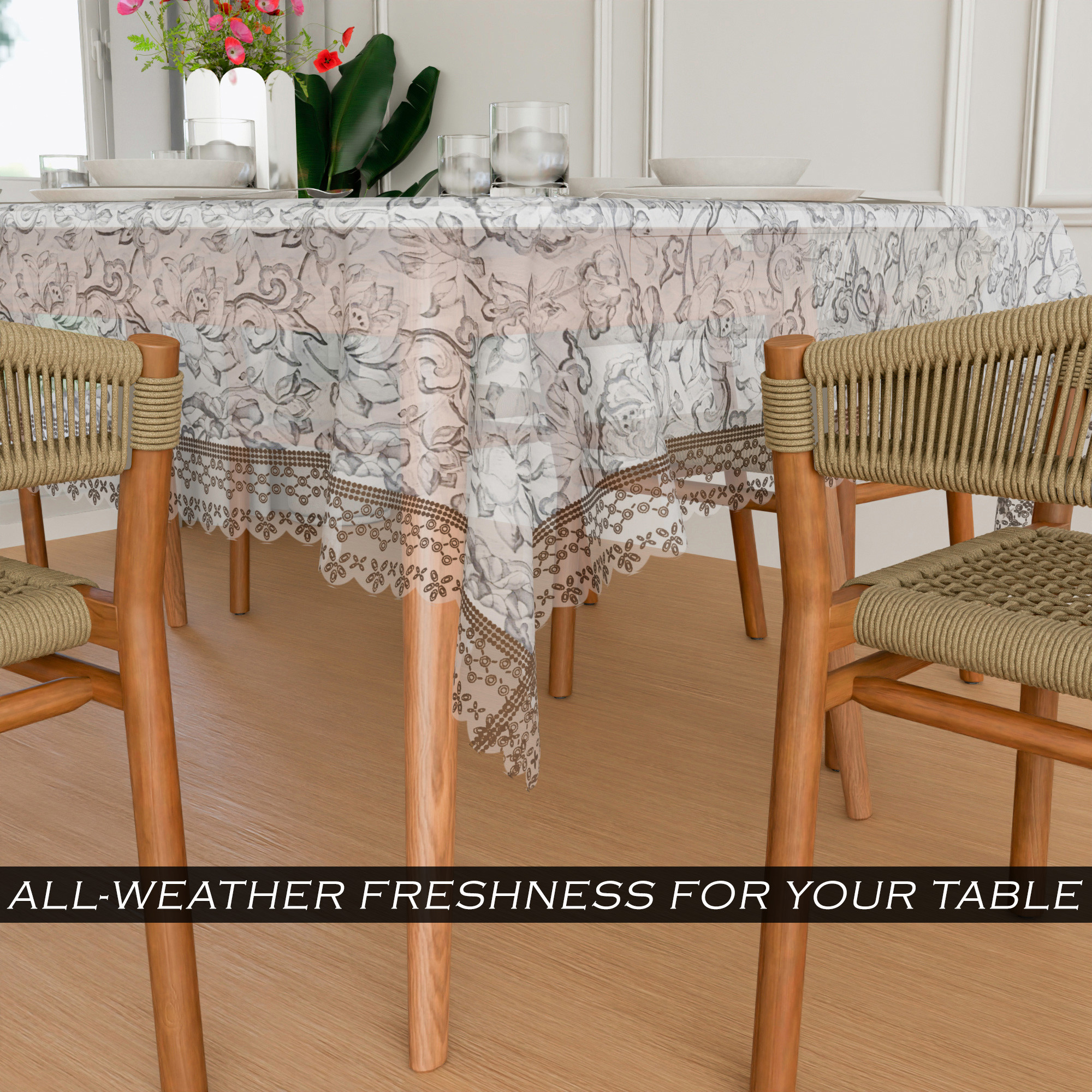 Kuber Industries Dining Table Cover  PVC Table Cover  Brown Embossed Lace Flower Table Cover  Table Protector  Table Cover for Dining Table  60x90  Transparent
