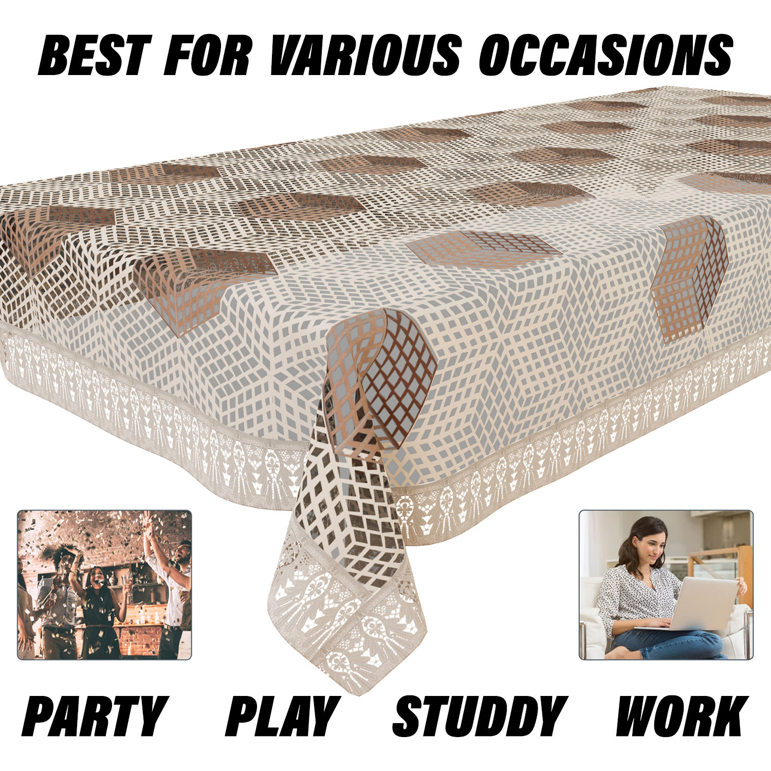 Kuber Industries Dining Table Cover  PVC Table Cover  Cube Maiva Embroidery Table Cover  Table Protector  Table Cover for Dining Table  60X90 Inch  DTC  Cream